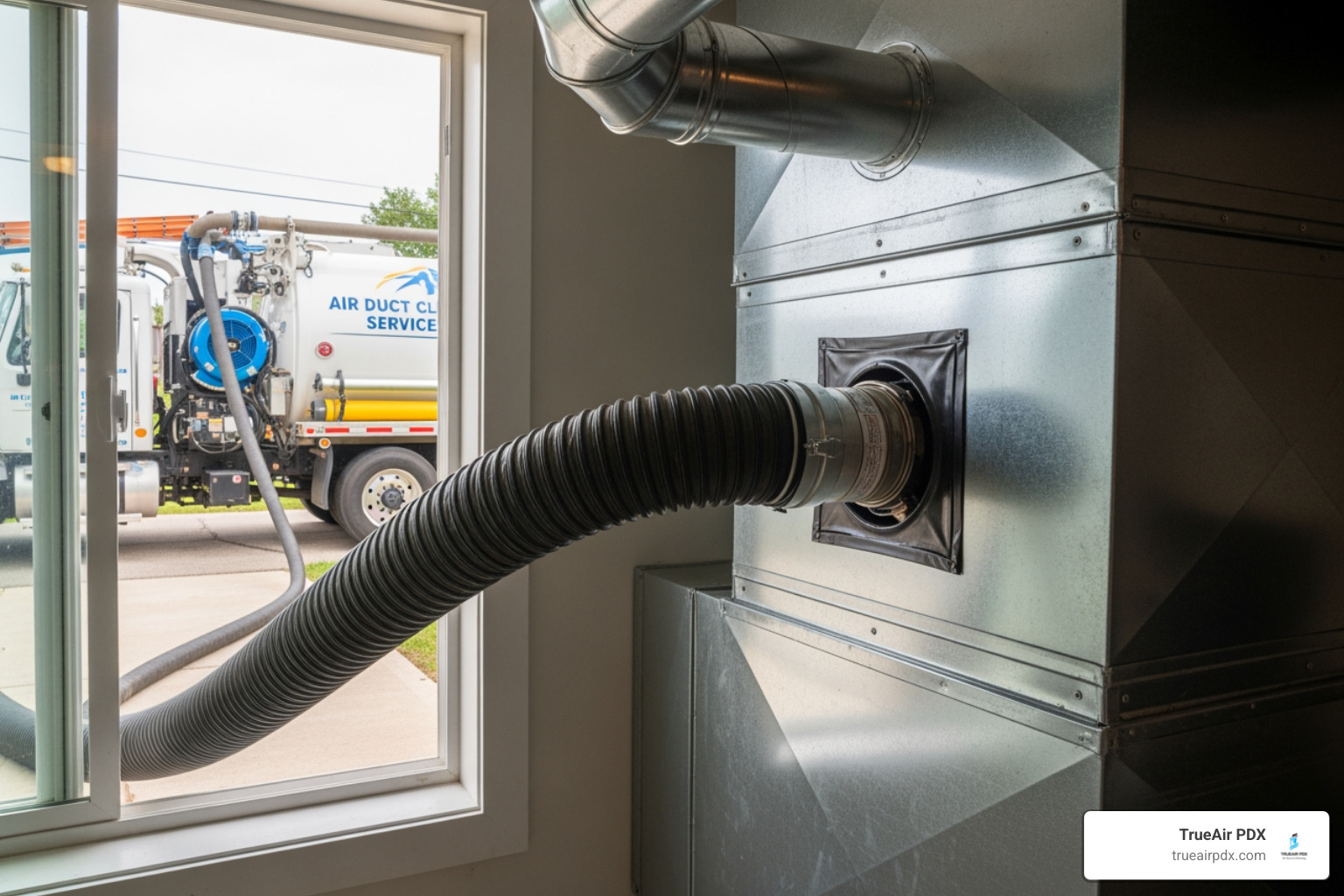 Truck-mounted vacuum system hose connected to a home's ductwork - air duct cleaning Portland Truck-mounted vacuum system hose connected to a home's ductwork - air duct cleaning Portland