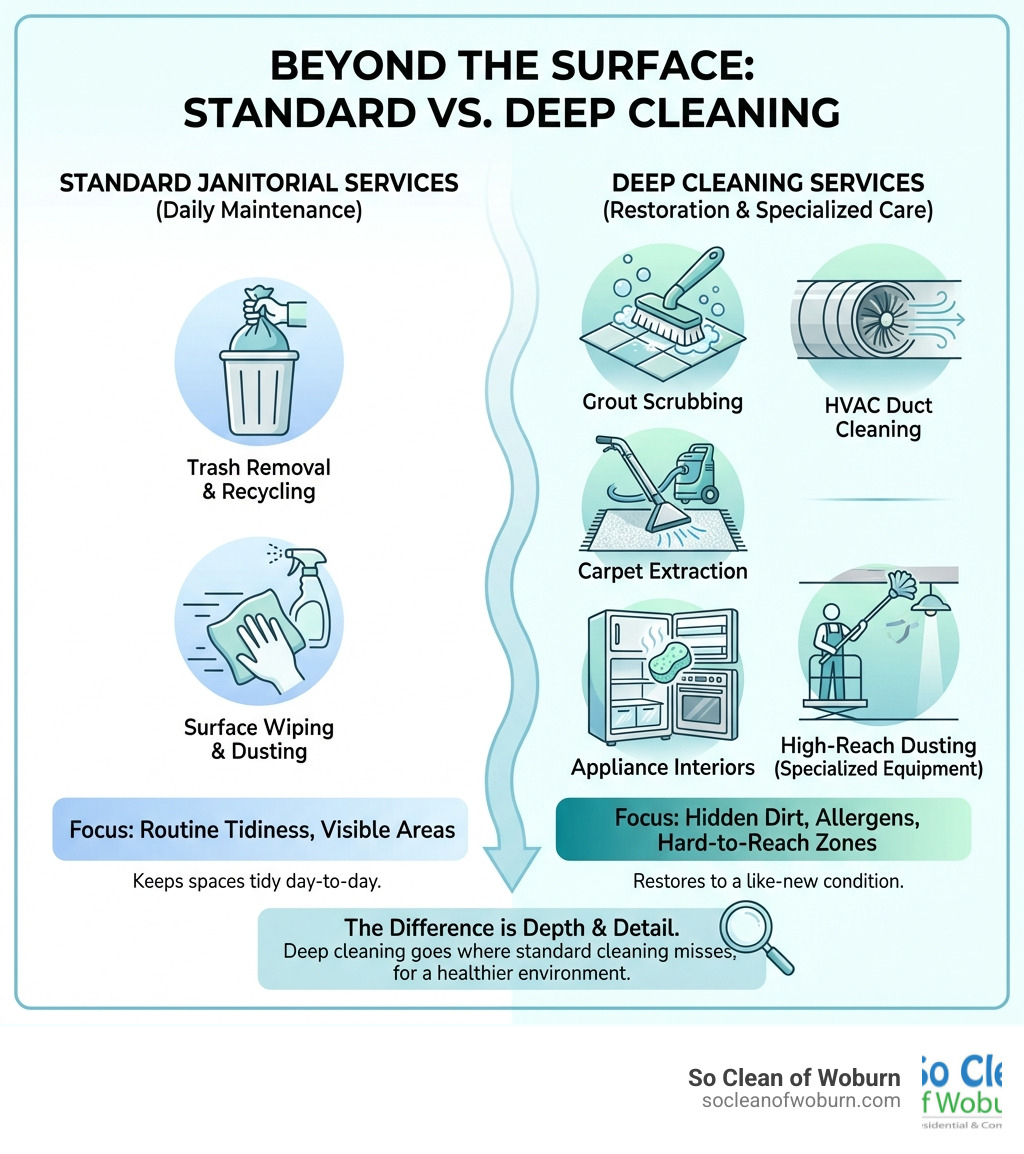 infographic showing the key differences between standard janitorial services including daily tasks like trash removal and surface wiping versus deep cleaning services including grout scrubbing, HVAC duct cleaning, carpet extraction, appliance interiors, and high-reach dusting with specialized equipment - deep cleaning commercial services infographic 