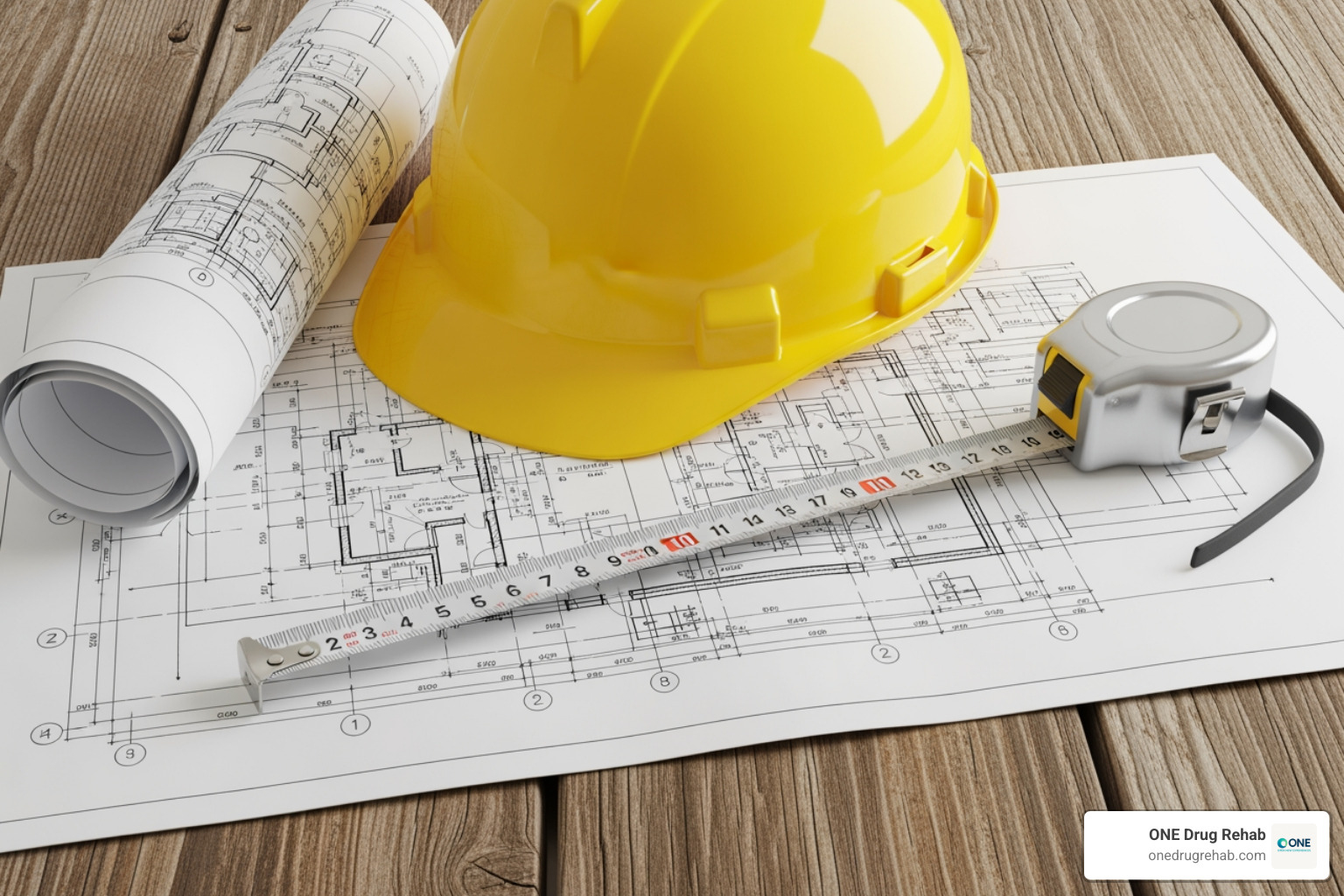 A blueprint, hard hat, and tape measure on a table - rehab loan options