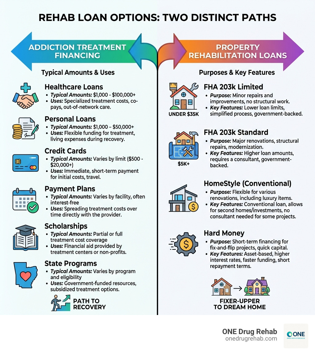 Infographic showing two columns: Left side lists addiction treatment financing options (healthcare loans, personal loans, credit cards, payment plans, scholarships, state programs) with typical amounts and uses. Right side shows property rehab loans (FHA 203k Limited under $35k, FHA 203k Standard $5k+, HomeStyle, Hard Money) with their purposes and key features - rehab loan options infographic 
