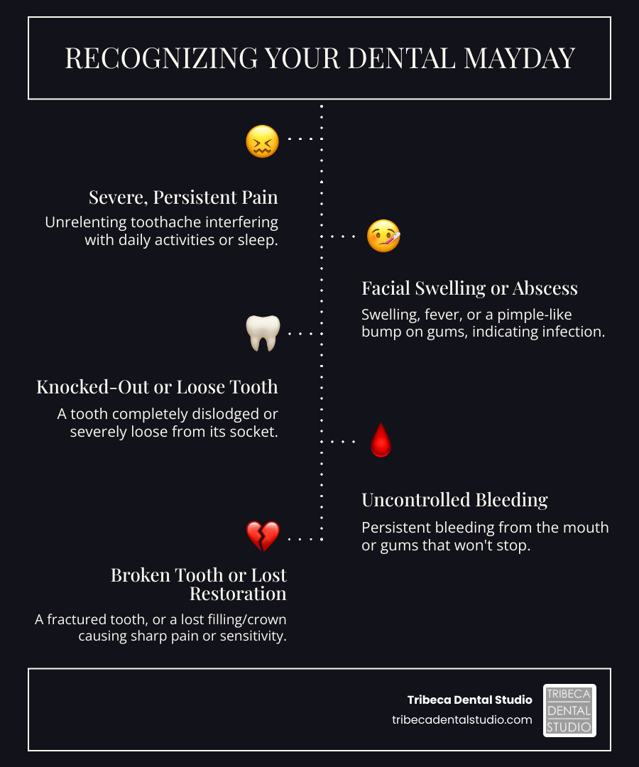 Infographic showing key signs of dental emergencies: severe persistent pain that interferes with daily activities, facial swelling or fever indicating infection, knocked-out or loose tooth requiring immediate care within 30 minutes, uncontrolled bleeding from mouth or gums, broken tooth with sharp edges or exposed nerves, dental abscess with pus or swelling, and lost crown or filling causing severe pain. Bottom section shows immediate actions: call emergency dentist or 212-998-9800 for NYU urgent care, rinse knocked-out tooth with milk not water, apply cold compress for swelling, take over-the-counter pain relief, and go to hospital ER only if breathing is affected or bleeding won't stop. - emergency dentist nyc medicaid infographic infographic-line-5-steps-dark