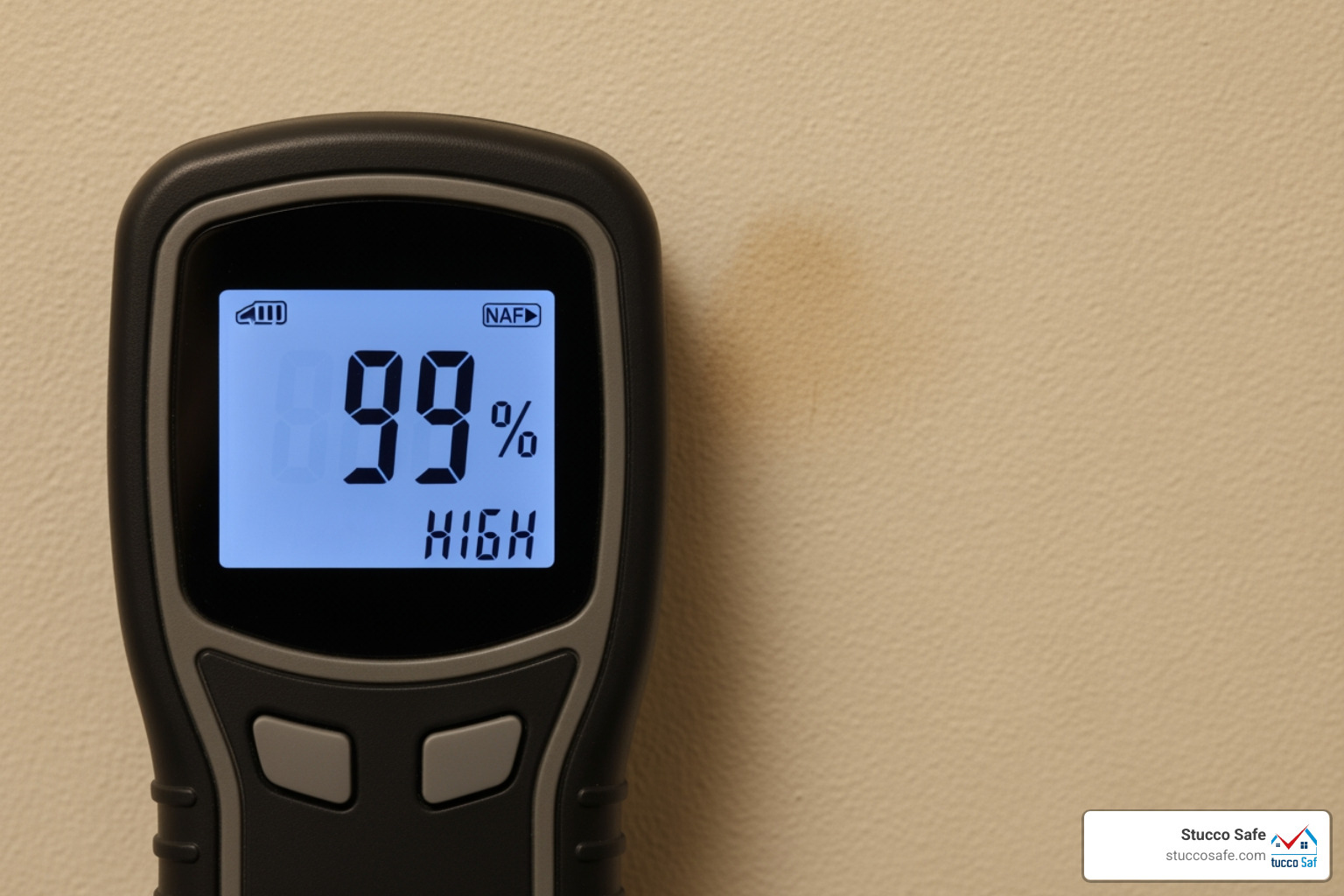moisture meter giving a high reading next to a small, barely visible water stain - digital mold detector moisture meter giving a high reading next to a small, barely visible water stain - digital mold detector