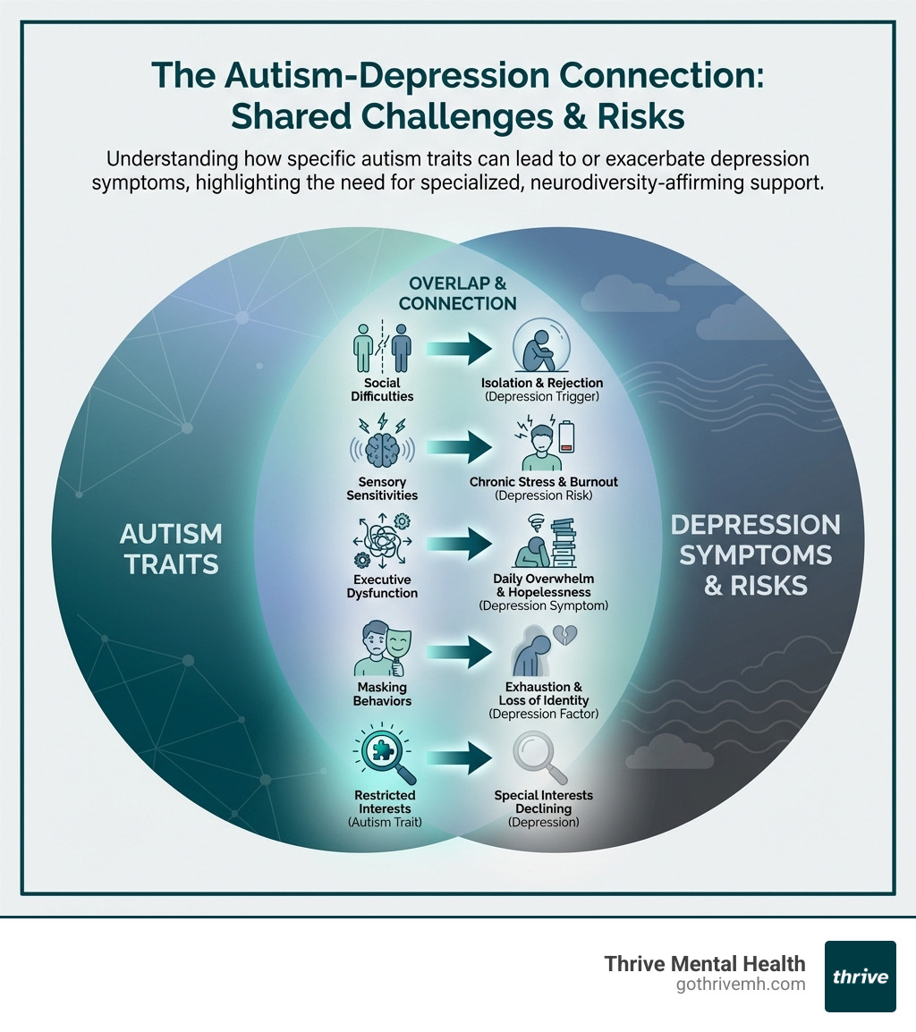 Infographic showing the overlap between autism traits and depression symptoms, including: Social difficulties (autism) leading to isolation and rejection (depression trigger); Sensory sensitivities (autism) causing chronic stress and burnout (depression risk); Executive dysfunction (autism) creating daily overwhelm and hopelessness (depression symptom); Masking behaviors (autism) resulting in exhaustion and loss of identity (depression factor); Special interests declining (depression) vs restricted interests (autism trait) - I'm looking for a therapist in Naples, FL who understands the connection between autism and depression treatment. infographic 