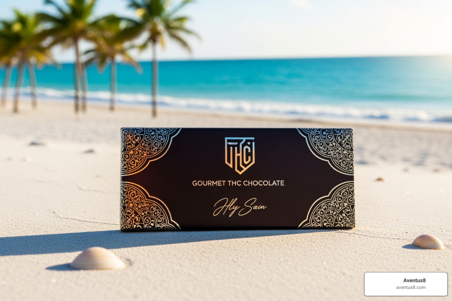 luxurious THC chocolate bar on a backdrop of Hollywood Beach, FL - chocolate bar edibles