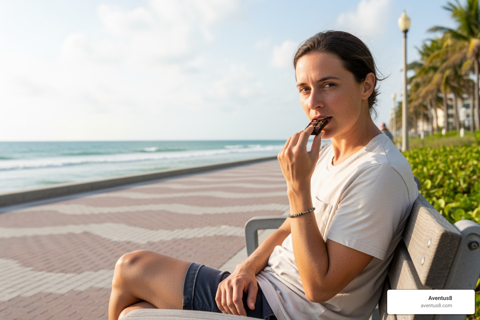 someone discreetly enjoying a piece of chocolate on the Hollywood Beach Broadwalk - chocolate bar edibles