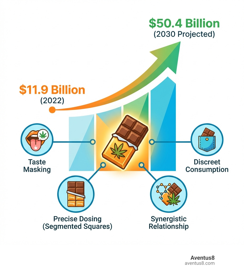 Infographic showing the growth of the cannabis edibles market from $11.9 billion in 2022 to a projected $50.4 billion by 2030, with chocolate edibles highlighted as a major segment featuring benefits like taste masking, discreet consumption, precise dosing through segmented squares, and the synergistic relationship between chocolate and cannabinoids - chocolate bar edibles infographic 