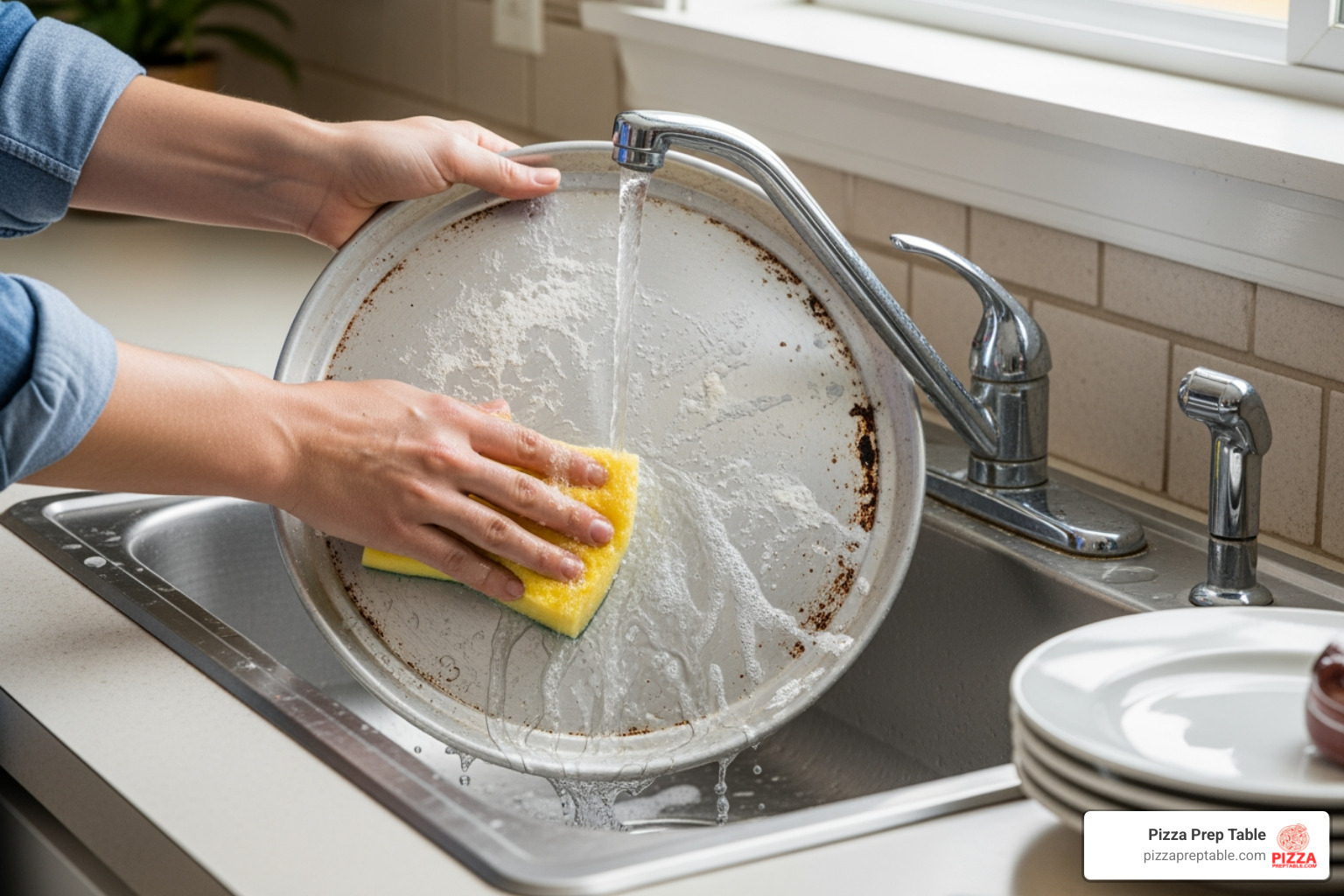 of a person hand-washing an aluminum pizza pan - 17 inch pizza pan of a person hand-washing an aluminum pizza pan - 17 inch pizza pan