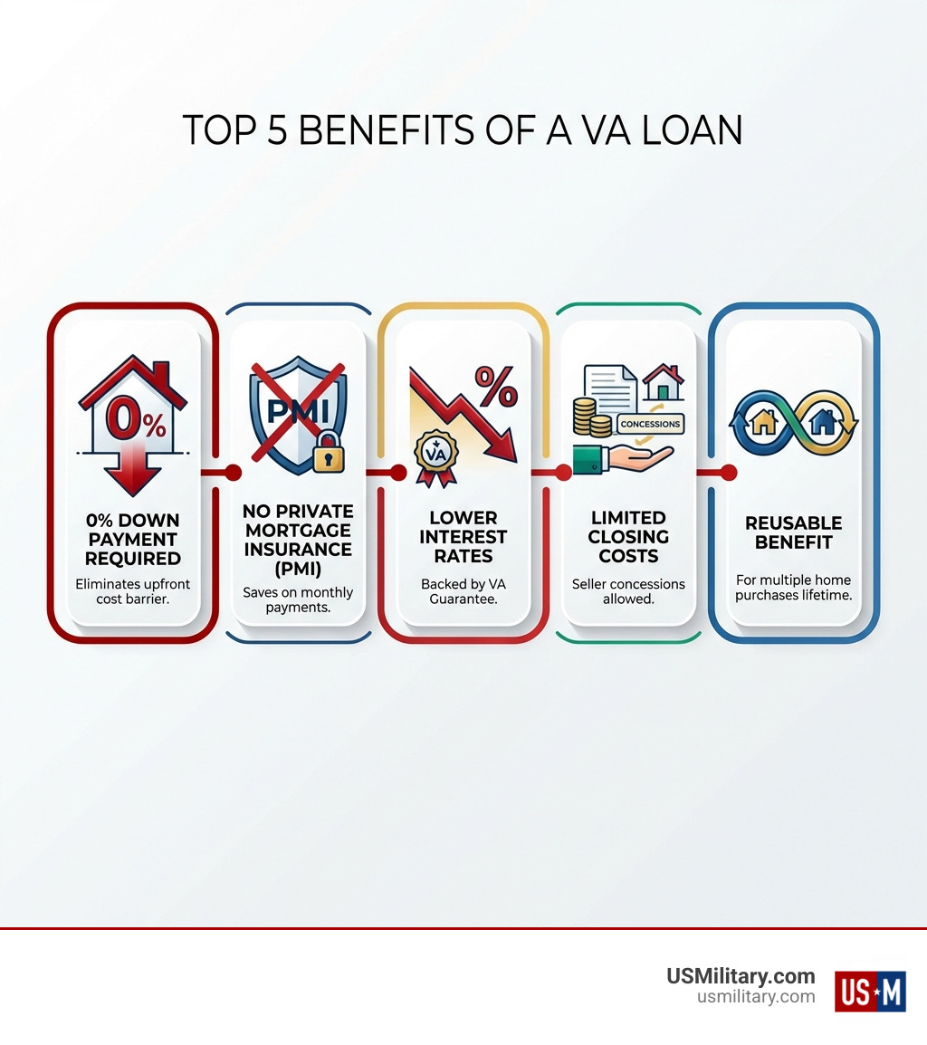 Infographic showing the top 5 benefits of a VA Loan: 0% Down Payment Required, No Private Mortgage Insurance (PMI), Lower Interest Rates Due to VA Guarantee, Limited Closing Costs with Seller Concessions Allowed, and Reusable Benefit for Multiple Home Purchases Throughout Lifetime - Eligibility VA loan infographic Infographic showing the top 5 benefits of a VA Loan: 0% Down Payment Required, No Private Mortgage Insurance (PMI), Lower Interest Rates Due to VA Guarantee, Limited Closing Costs with Seller Concessions Allowed, and Reusable Benefit for Multiple Home Purchases Throughout Lifetime - Eligibility VA loan infographic