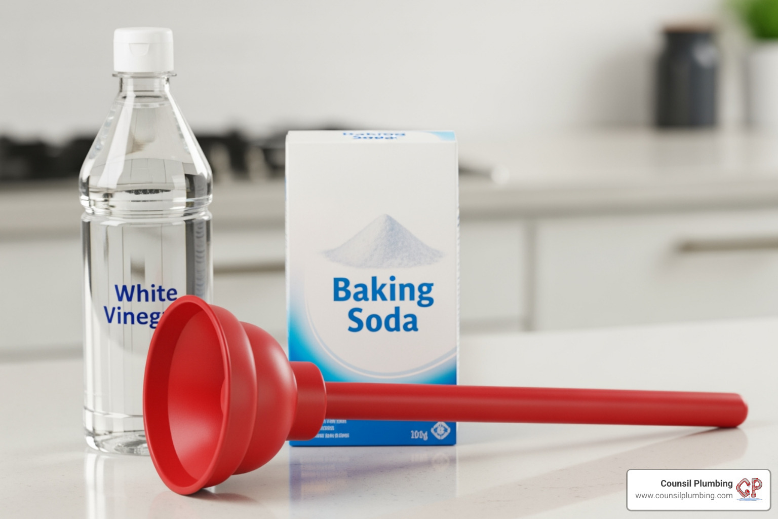 DIY drain cleaning tools like a plunger, baking soda, and vinegar - Clogged shower drain