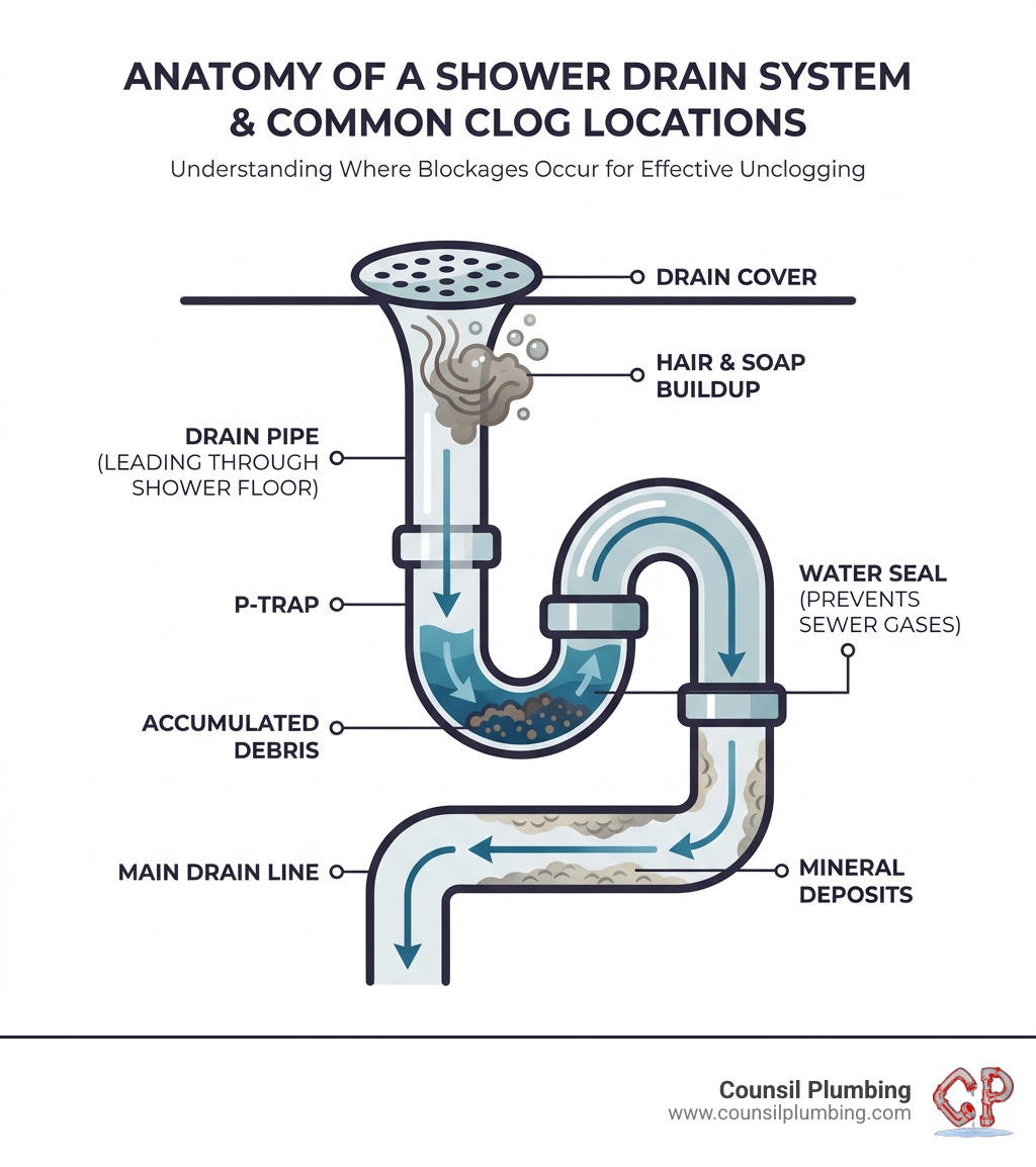 Infographic showing the anatomy of a shower drain system, including the visible drain cover at the top, the drain pipe leading down through the shower floor, the P-trap (curved pipe section that holds water to prevent sewer gases), and the main drain line. Labels indicate common clog locations: hair and soap buildup at the drain cover, accumulated debris in the P-trap, and mineral deposits along pipe walls. - Clogged shower drain infographic 