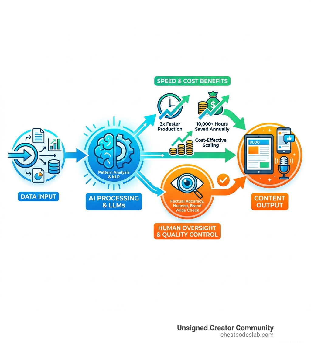 detailed infographic showing the automated content generation workflow from data input through AI processing to content output, highlighting speed improvements, cost savings, and the essential human oversight checkpoints for quality control - automated content generation infographic 