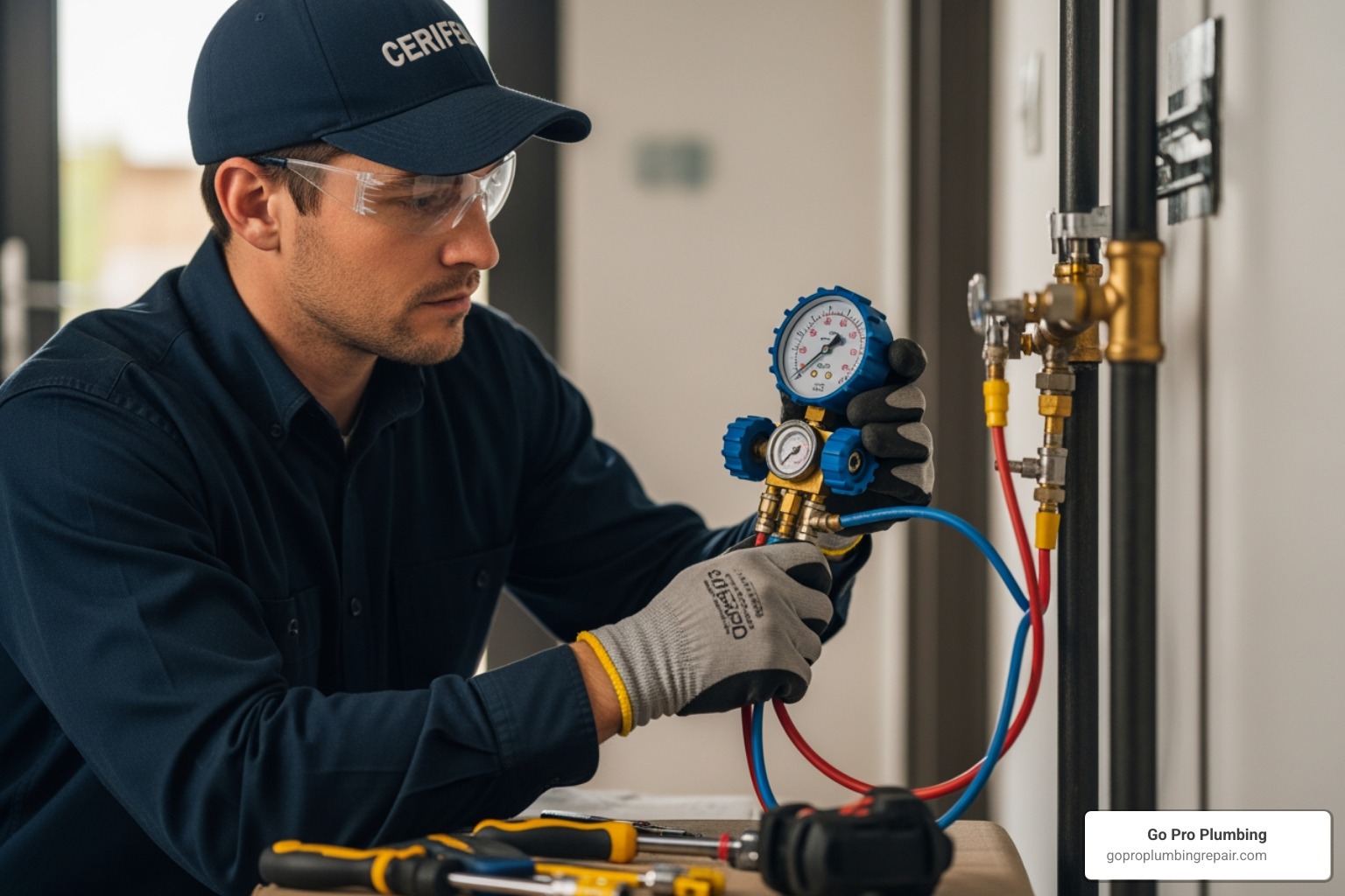 certified technician pressure testing a new gas line with a gauge - gas line installation service