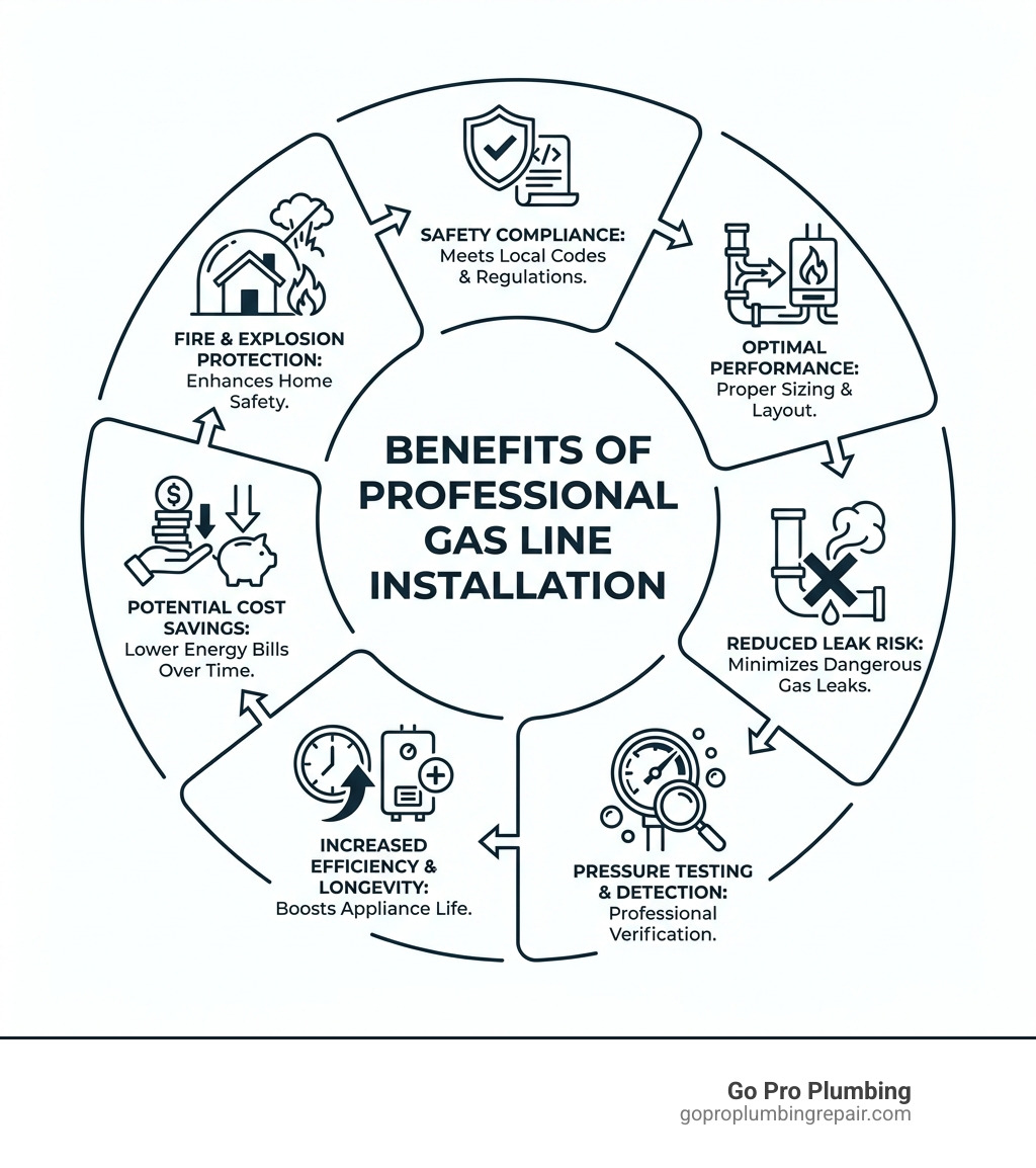 Infographic showing the benefits of professional gas line installation: Safety compliance with local codes and regulations, proper sizing and layout for optimal performance, reduced risk of dangerous gas leaks, professional pressure testing and leak detection, increased appliance efficiency and longevity, potential energy cost savings over time, and protection from fire hazards and explosions - gas line installation service infographic 