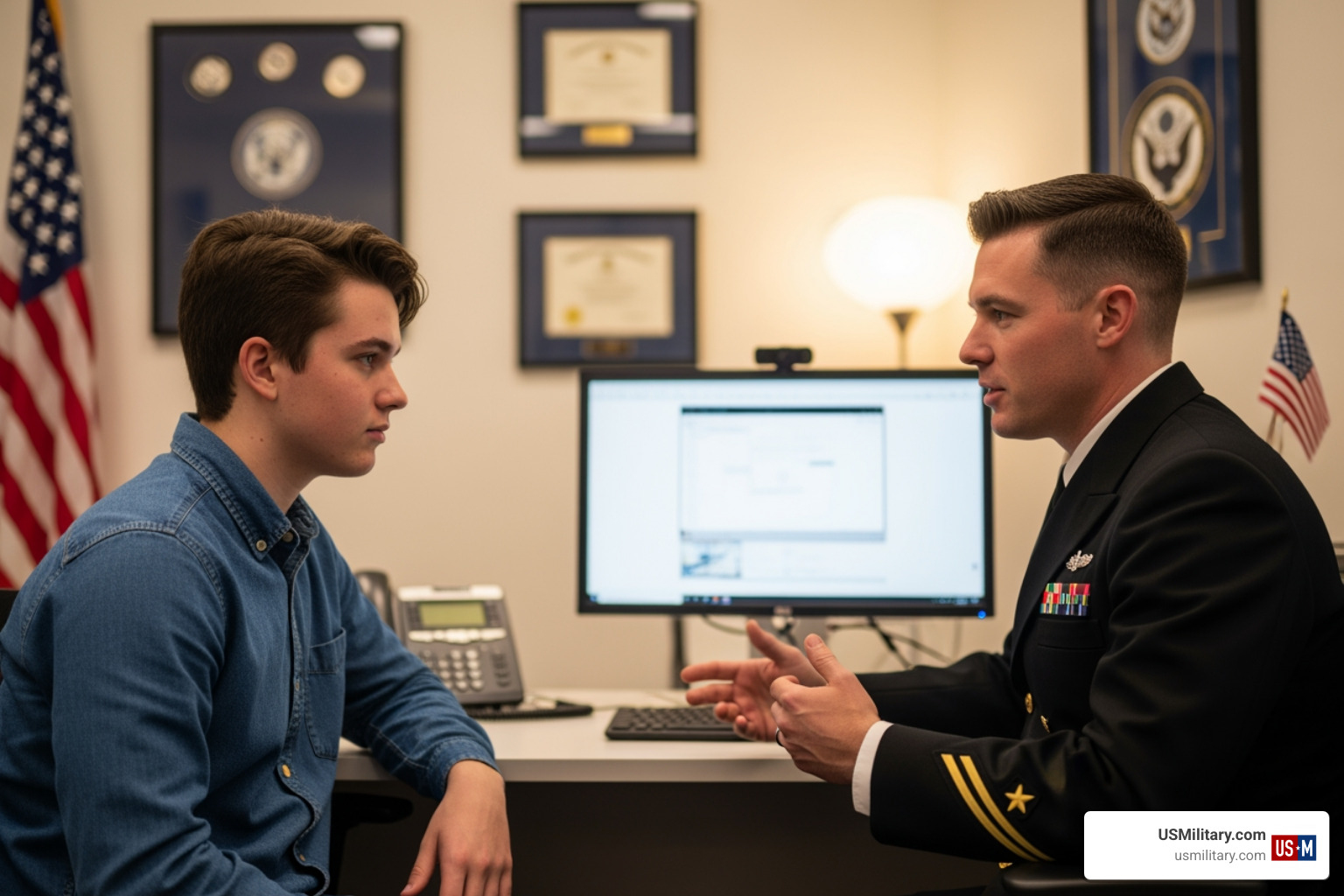 young recruit speaking with a Navy recruiter - age requirement for navy reserve