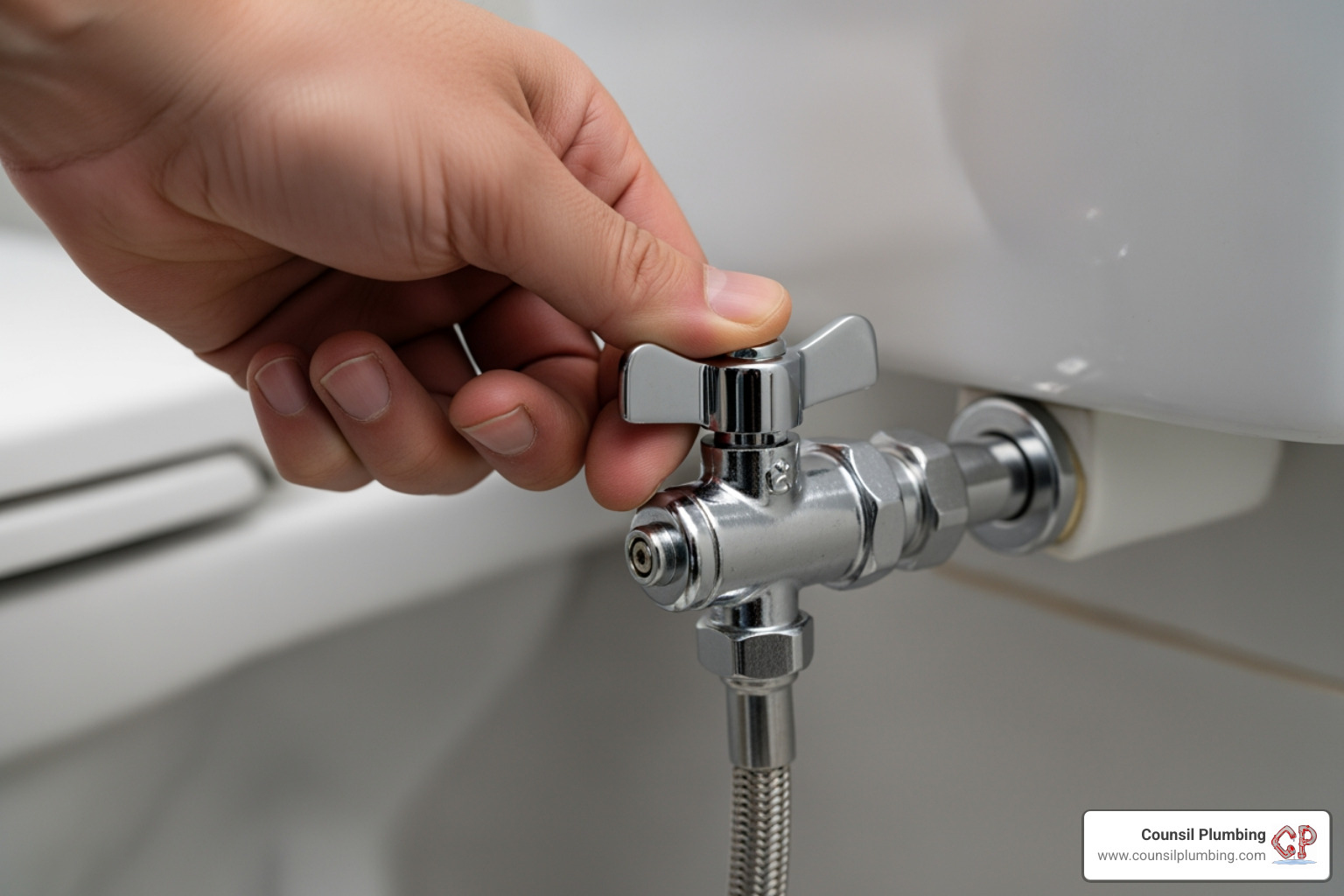 A hand turning the toilet water shut-off valve - Running toilet repair A hand turning the toilet water shut-off valve - Running toilet repair