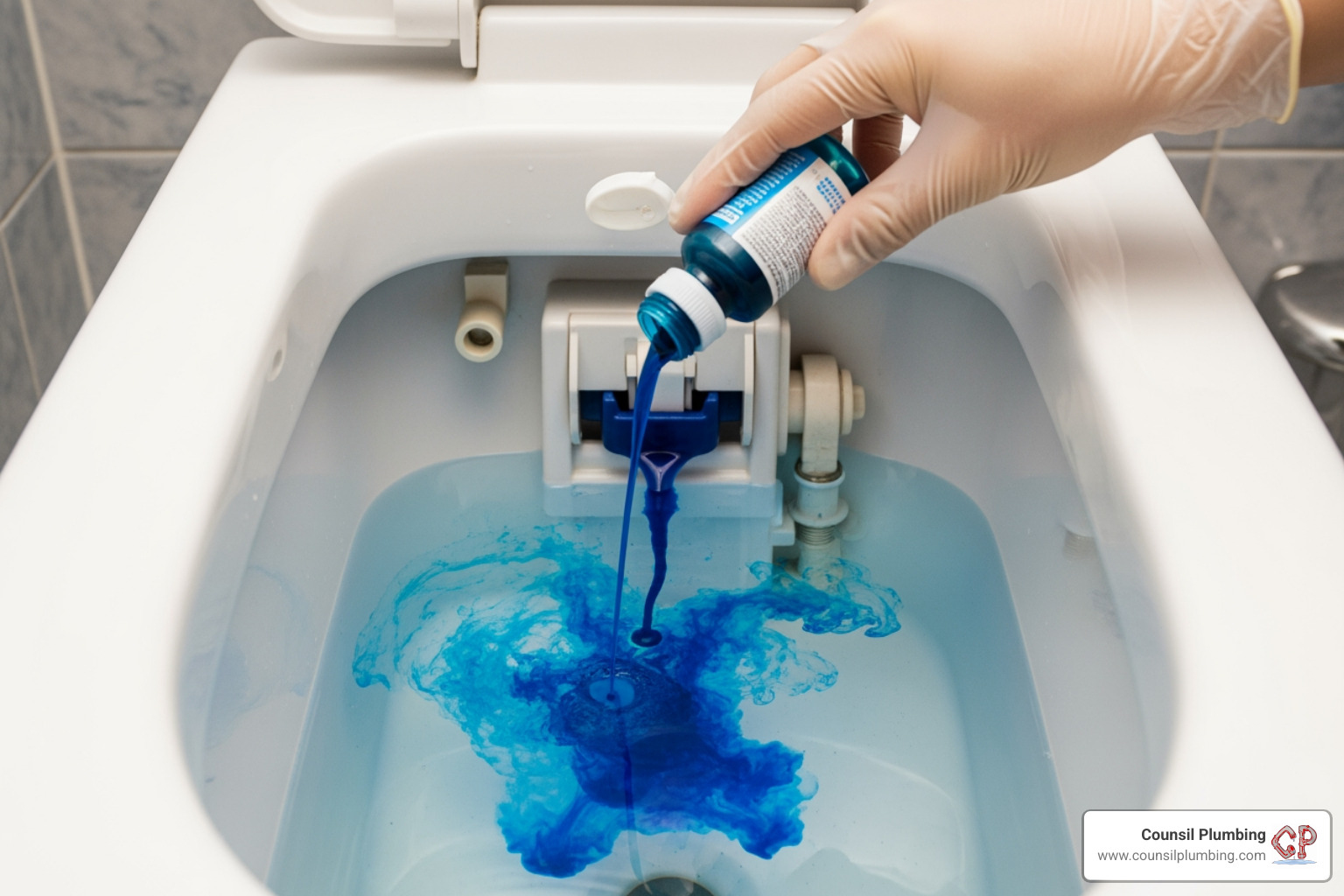 Food coloring being added to a toilet tank - Running toilet repair Food coloring being added to a toilet tank - Running toilet repair