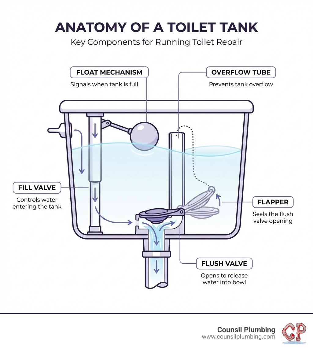 Infographic showing the anatomy of a toilet tank with labeled components: fill valve controls water entering the tank, float mechanism signals when tank is full, overflow tube prevents tank overflow, flush valve opens to release water into bowl, and flapper seals the flush valve opening - Running toilet repair infographic Infographic showing the anatomy of a toilet tank with labeled components: fill valve controls water entering the tank, float mechanism signals when tank is full, overflow tube prevents tank overflow, flush valve opens to release water into bowl, and flapper seals the flush valve opening - Running toilet repair infographic
