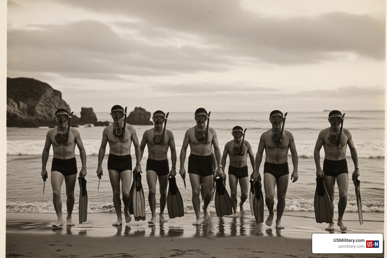Historical photo of early UDT frogmen - US Navy SEALs