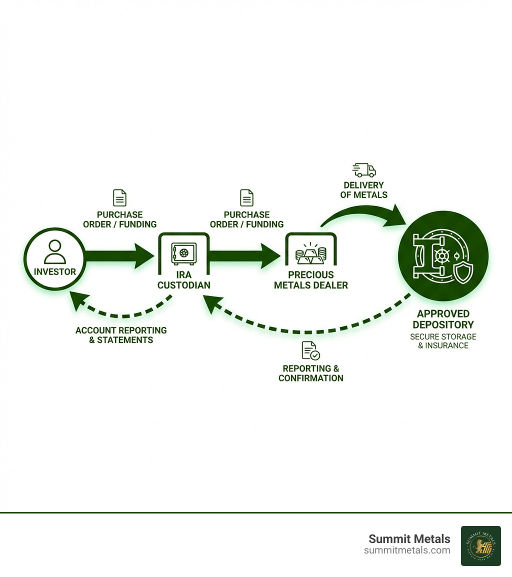 infographic showing the flow from investor to IRA custodian to precious metals dealer to approved depository, with arrows indicating purchase, delivery, storage, and reporting relationships - gold ira approved depository infographic 