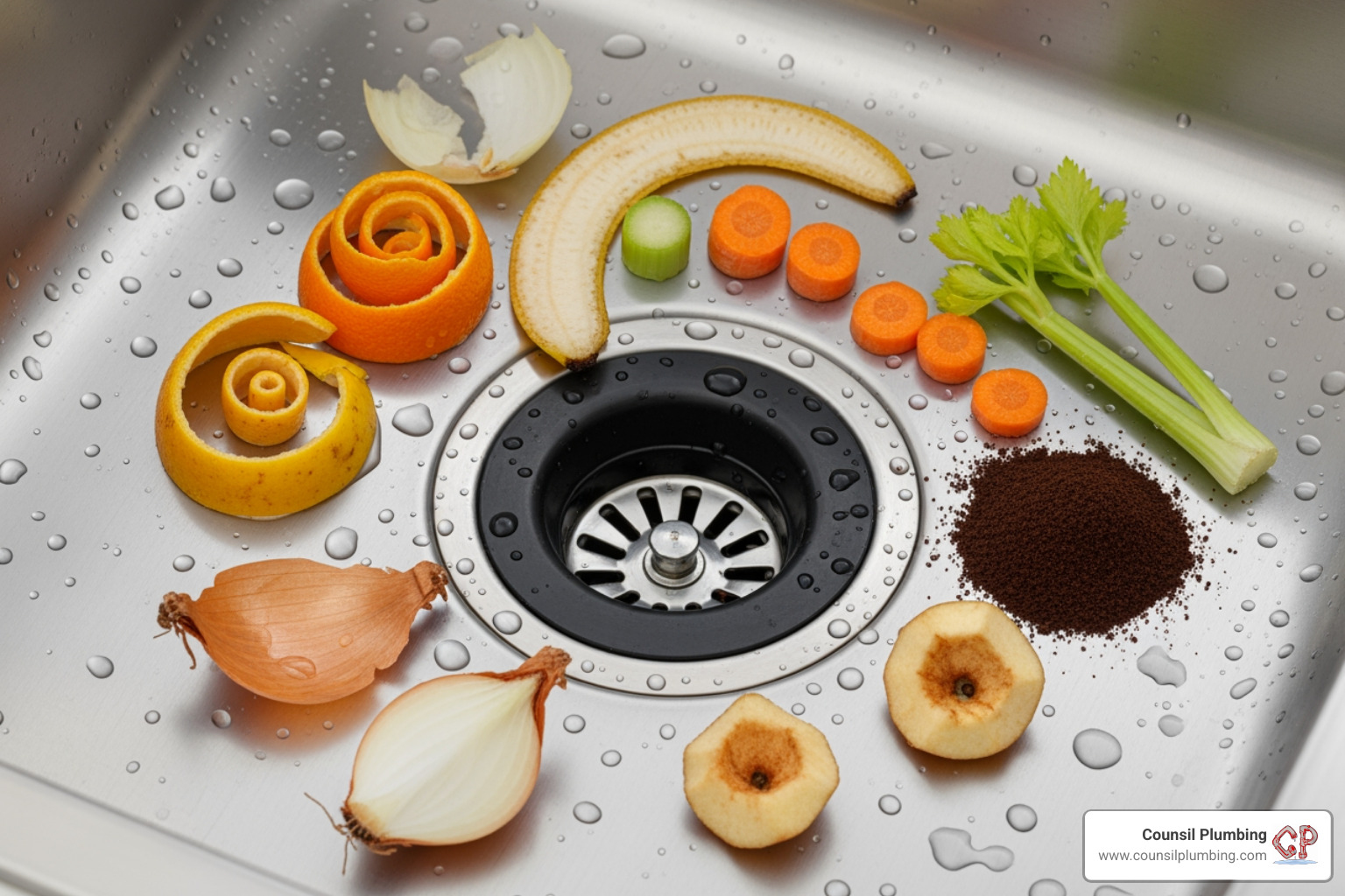 items that are safe to put down a garbage disposal, like small food scraps and citrus peels - Garbage disposal San Jose