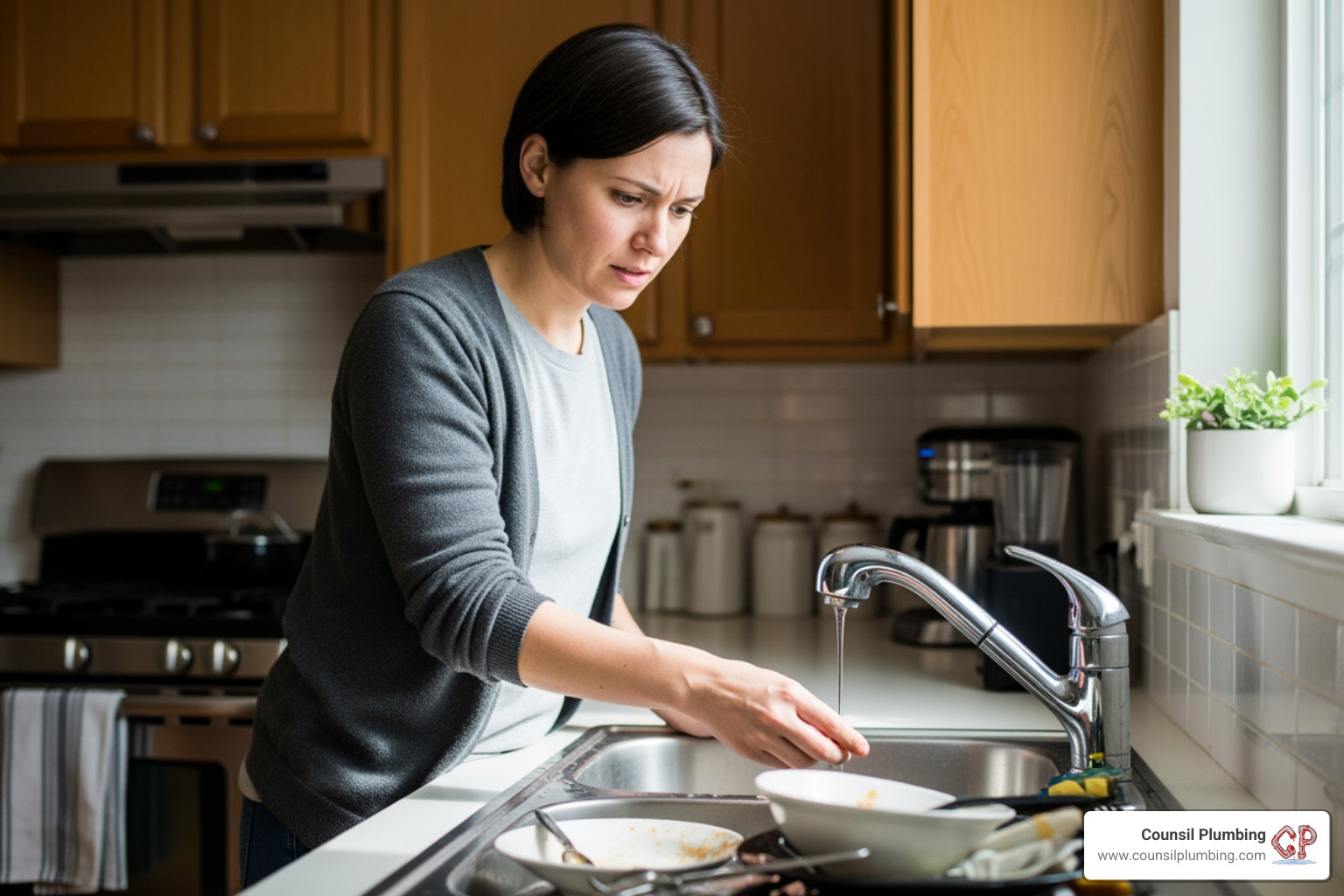 a person looking concerned at their kitchen sink - Garbage disposal San Jose