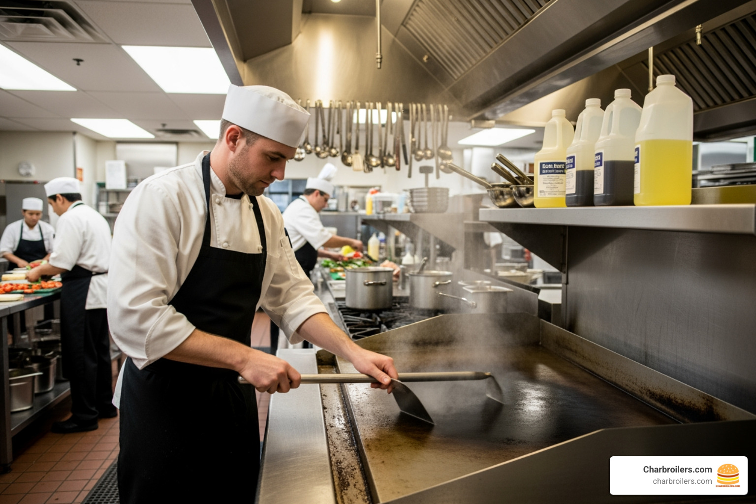 Chef cleaning a commercial griddle surface - commercial electric stove with griddle Chef cleaning a commercial griddle surface - commercial electric stove with griddle