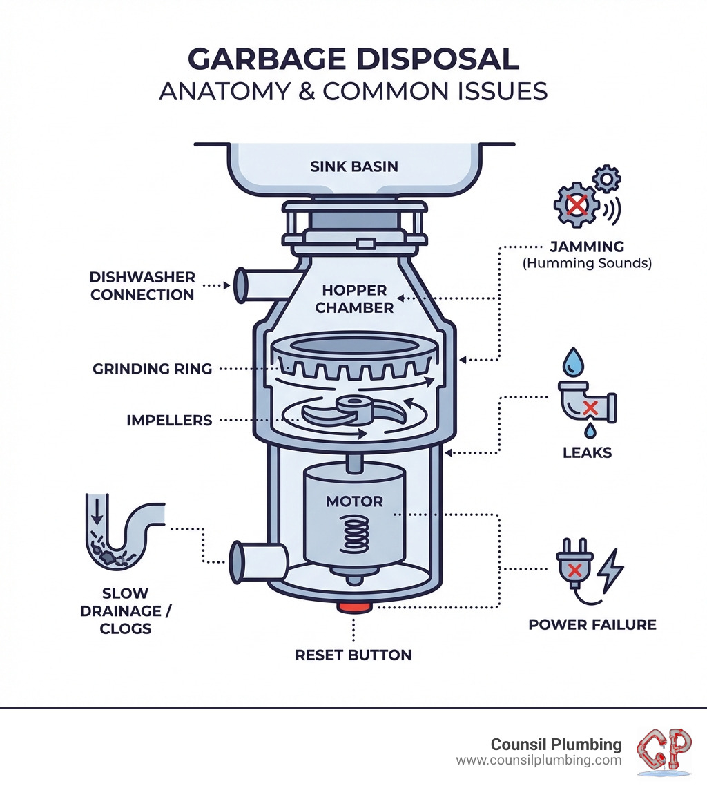 infographic showing garbage disposal anatomy with labeled parts including hopper chamber, grinding ring, impellers, motor, reset button, and drain connections, plus common problem areas - Garbage disposal San Jose infographic 