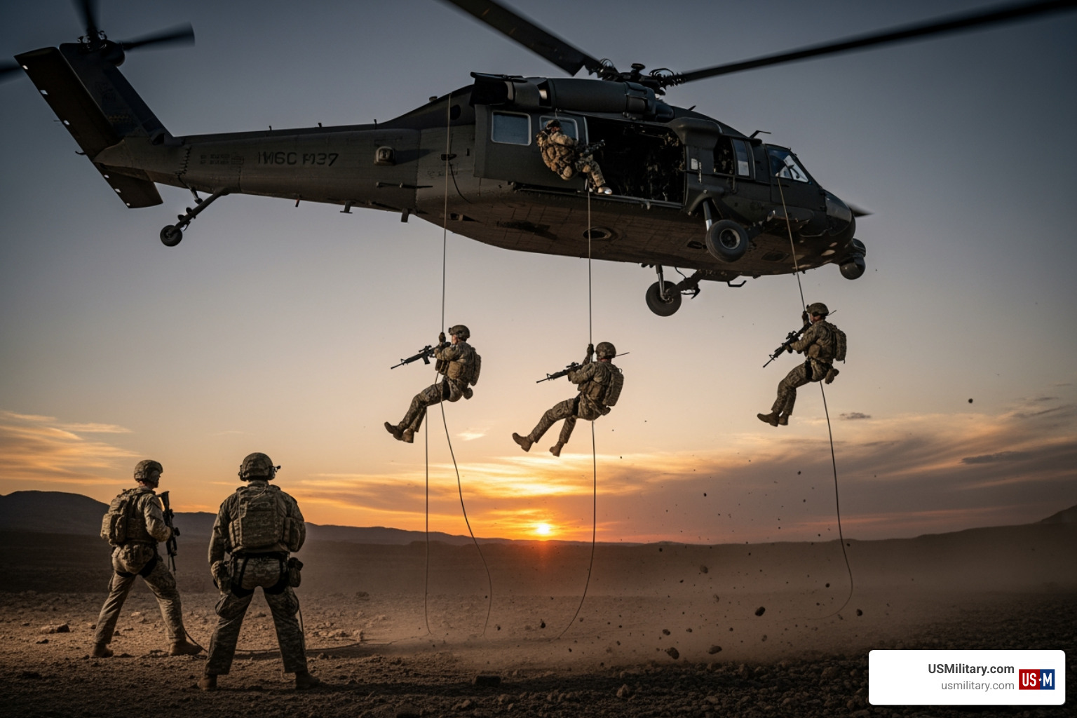 Army Rangers rappelling from a helicopter - US Army SOF