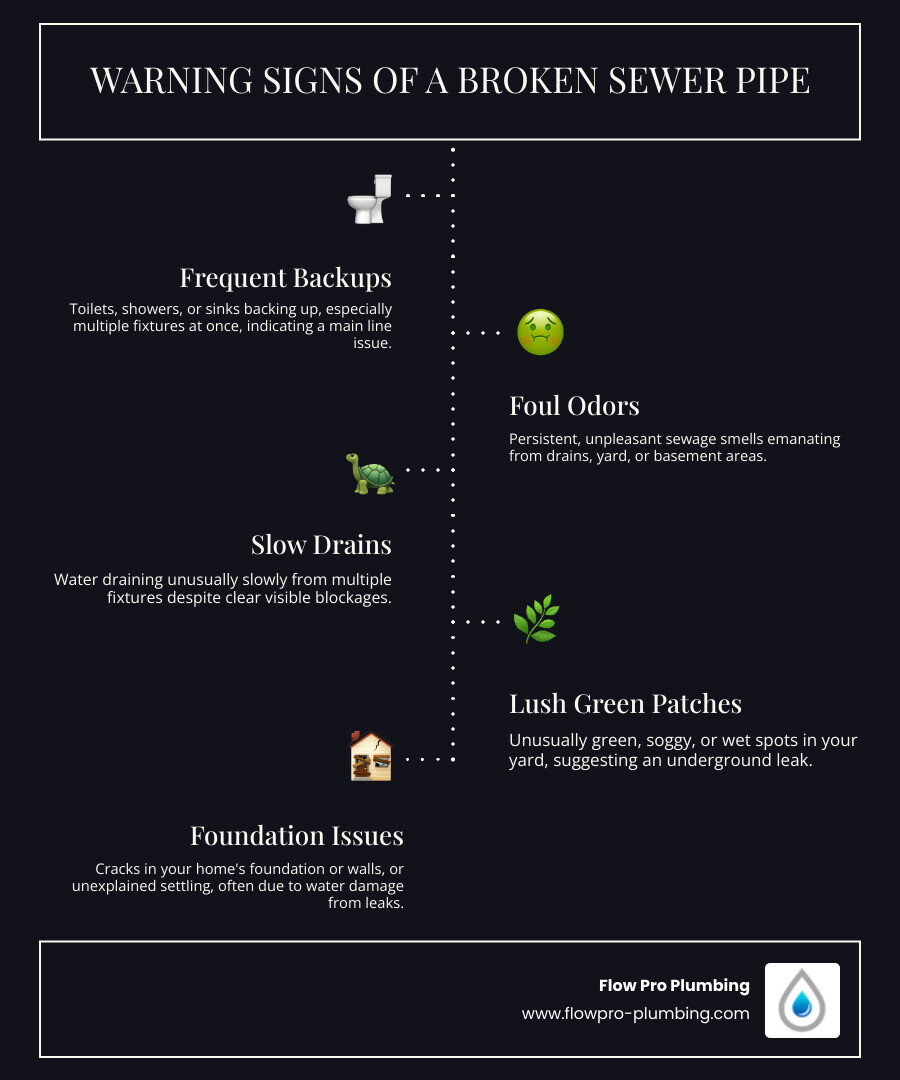 infographic showing 7 warning signs of broken sewer pipes including frequent backups, slow drains, foul sewage odors, unusually green grass patches, foundation cracks, increased pest activity, and wet spots in the yard - "I have a broken sewer pipe. Who are the experts in broken sewer pipe repair in Antioch, CA?" infographic infographic-line-5-steps-dark infographic showing 7 warning signs of broken sewer pipes including frequent backups, slow drains, foul sewage odors, unusually green grass patches, foundation cracks, increased pest activity, and wet spots in the yard - "I have a broken sewer pipe. Who are the experts in broken sewer pipe repair in Antioch, CA?" infographic infographic-line-5-steps-dark