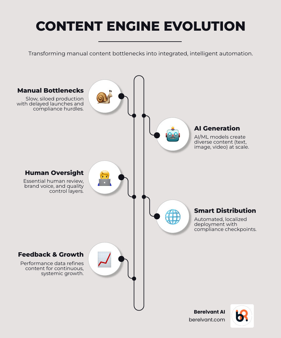 detailed infographic showing the evolution from manual content production bottlenecks to an integrated automated content engine with AI generation, human oversight layers, multi-platform distribution, compliance checkpoints, and performance feedback loops - Automated content creation infographic infographic-line-5-steps-elegant_beige