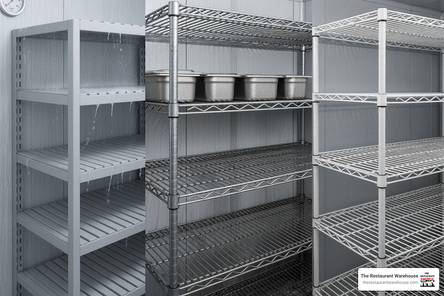 Comparison of different shelving materials like polymer, galvanized steel, and wire, highlighting their resistance to rust and ease of cleaning in cold storage environments - Walk-in cooler shelving