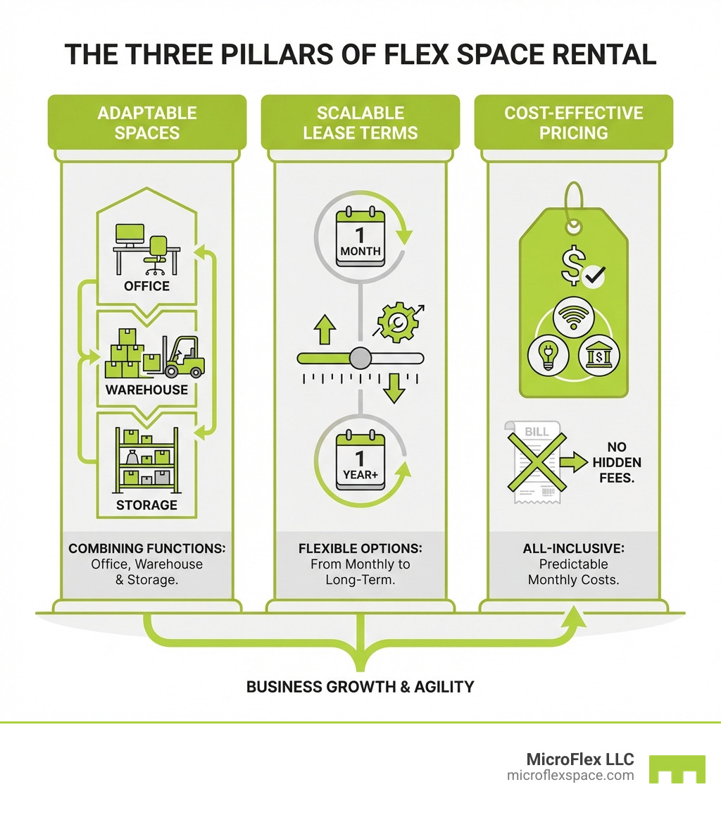 infographic showing three pillars of flex space rental: Adaptable spaces combining office warehouse and storage functions, Scalable lease terms from monthly to long-term options, and Cost-Effective all-inclusive pricing with no hidden fees - Flex space rental infographic 