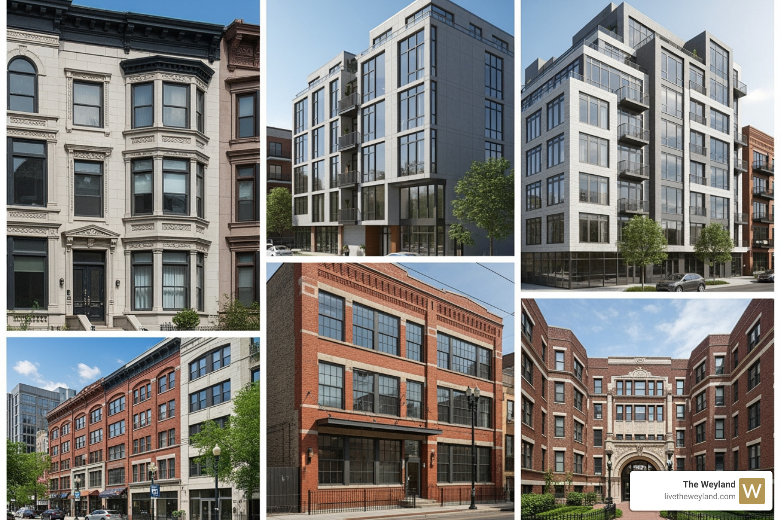 A collage of different apartment building exteriors in Wicker Park - Wicker Park apartment buildings