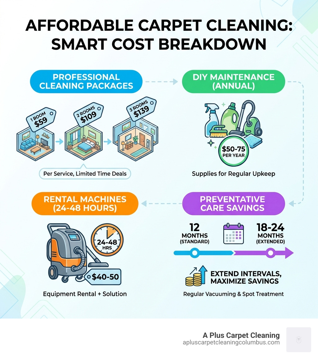 infographic showing cost breakdown: professional cleaning per room pricing ($59 for 1 room, $109 for 2 rooms, $139 for 3 rooms), DIY maintenance costs ($50-75 annually for supplies), rental machine costs ($40-50 for 24-48 hours), and average savings from preventative care (extending cleaning intervals from 12 to 18-24 months) - affordable carpet cleaning infographic 