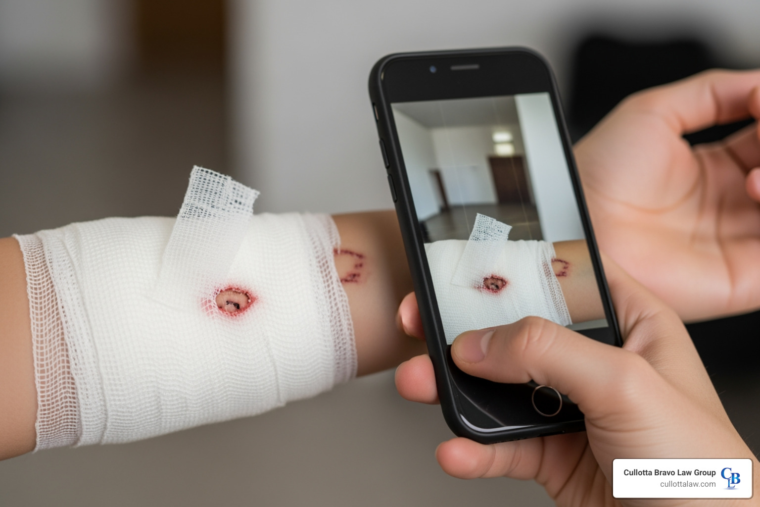 person taking photo of bandaged arm - Dog bite lawyer
