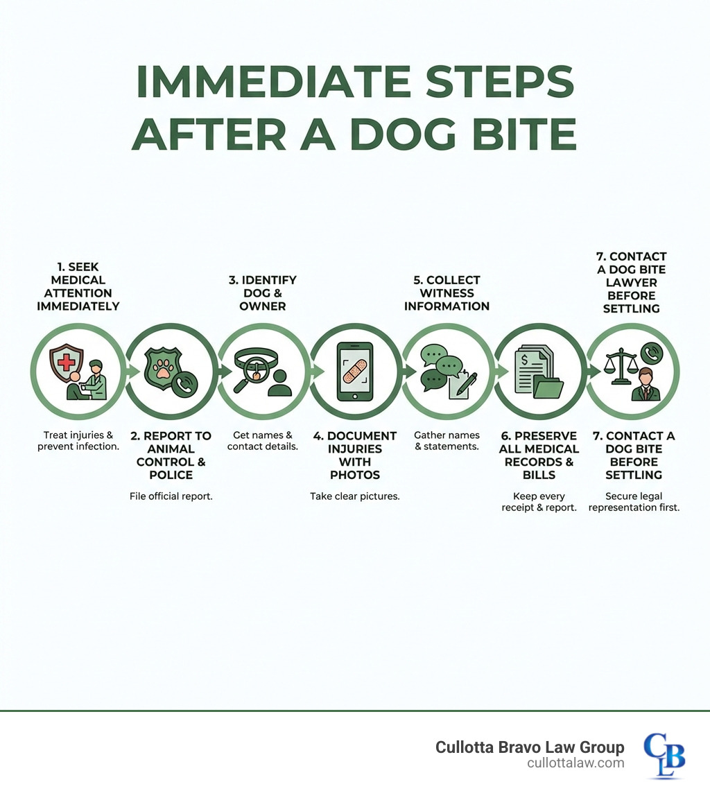 infographic showing immediate steps after a dog bite: 1. Seek medical attention immediately, 2. Report to animal control and police, 3. Identify dog and owner, 4. Document injuries with photos, 5. Collect witness information, 6. Preserve all medical records and bills, 7. Contact a dog bite lawyer before accepting any insurance settlement - Dog bite lawyer infographic 