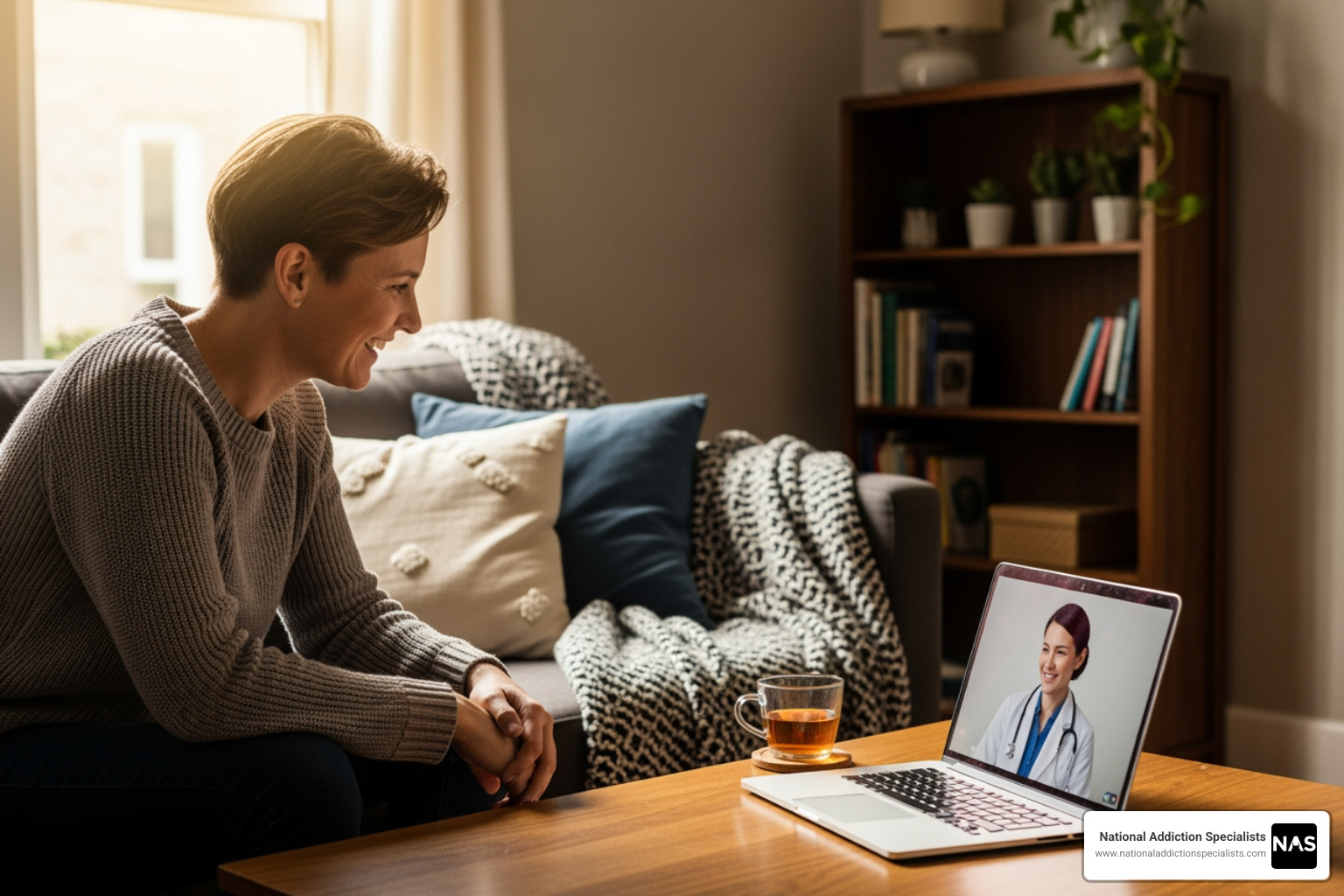 A person having a positive video consultation with a doctor from their living room, illustrating the convenience and privacy of telehealth. - virtual Suboxone doctor A person having a positive video consultation with a doctor from their living room, illustrating the convenience and privacy of telehealth. - virtual Suboxone doctor