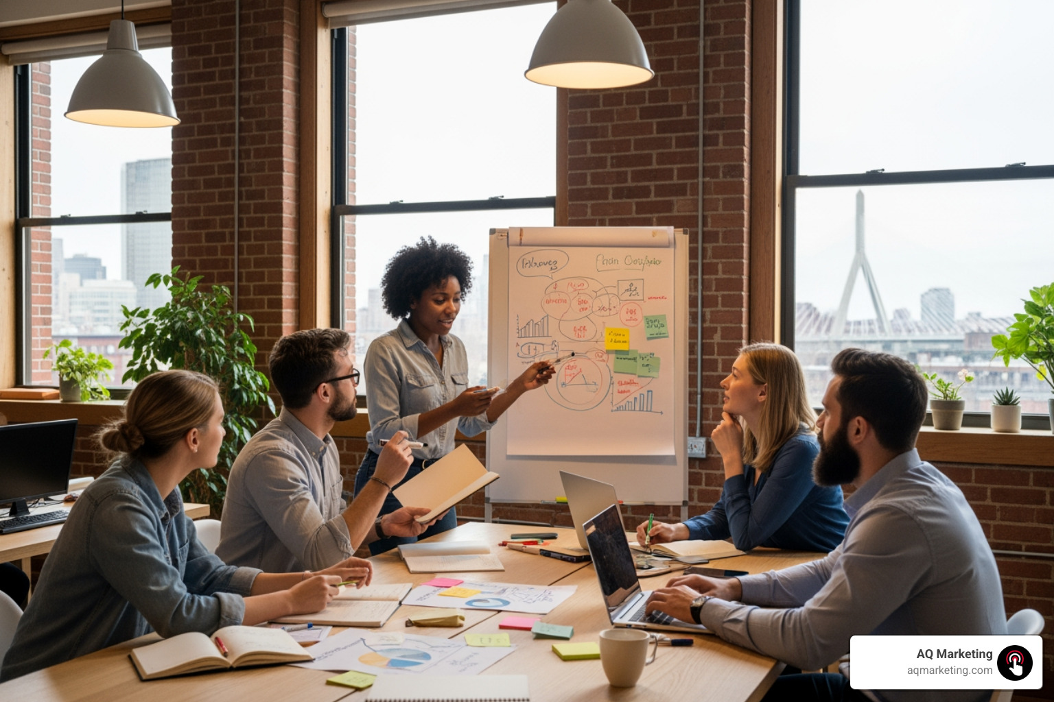 A small team of entrepreneurs brainstorming creative marketing ideas in a modern, collaborative workspace in Boston - marketing for entrepreneurs A small team of entrepreneurs brainstorming creative marketing ideas in a modern, collaborative workspace in Boston - marketing for entrepreneurs