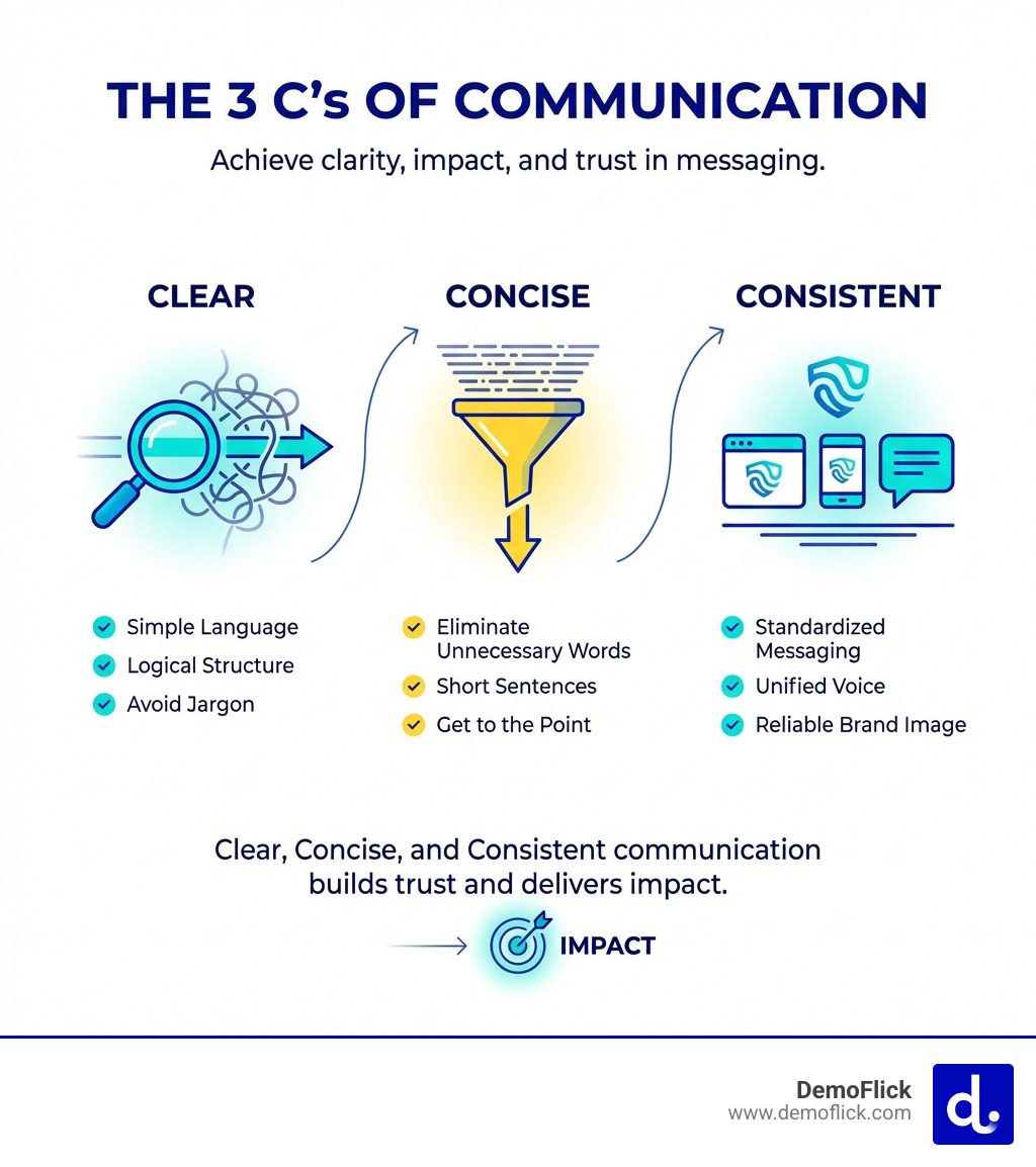 Infographic showing the 3 C's of Communication: Clear (use simple language, logical structure, avoid jargon), Concise (eliminate unnecessary words, short sentences, get to the point), and Consistent (standardized messaging, unified voice, reliable brand image) - Clarity in messaging infographic Infographic showing the 3 C's of Communication: Clear (use simple language, logical structure, avoid jargon), Concise (eliminate unnecessary words, short sentences, get to the point), and Consistent (standardized messaging, unified voice, reliable brand image) - Clarity in messaging infographic
