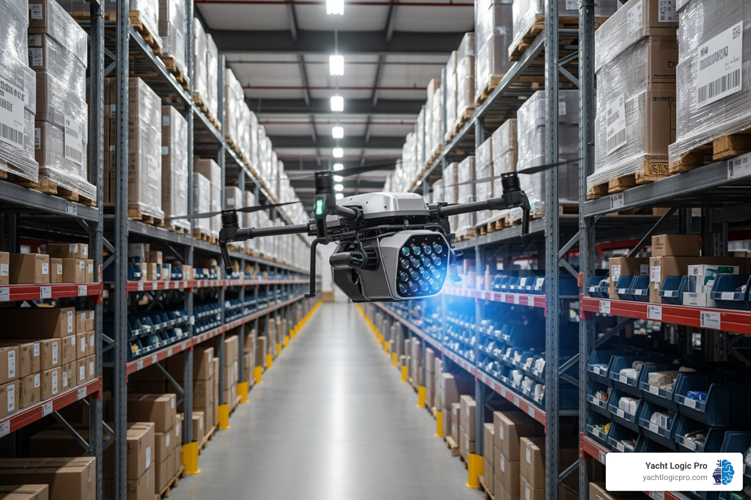 robotic drone scanning shelves in a large warehouse - Automated inventory counts