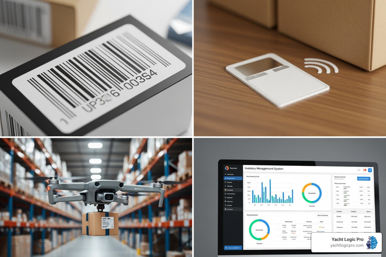 collage of technologies: a barcode, an RFID tag, a drone, and a software dashboard - Automated inventory counts