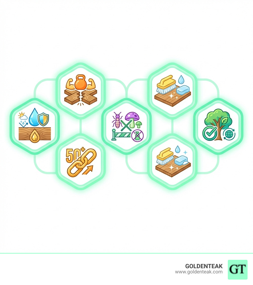 infographic showing five key benefits of Grade A teak: 1. Natural weather resistance from protective oils, 2. Exceptional strength and durability lasting 50+ years, 3. Rot and termite resistant without chemicals, 4. Minimal maintenance - just soap and water, 5. SVLK certified sustainable harvesting - banana bench teak infographic infographic showing five key benefits of Grade A teak: 1. Natural weather resistance from protective oils, 2. Exceptional strength and durability lasting 50+ years, 3. Rot and termite resistant without chemicals, 4. Minimal maintenance - just soap and water, 5. SVLK certified sustainable harvesting - banana bench teak infographic