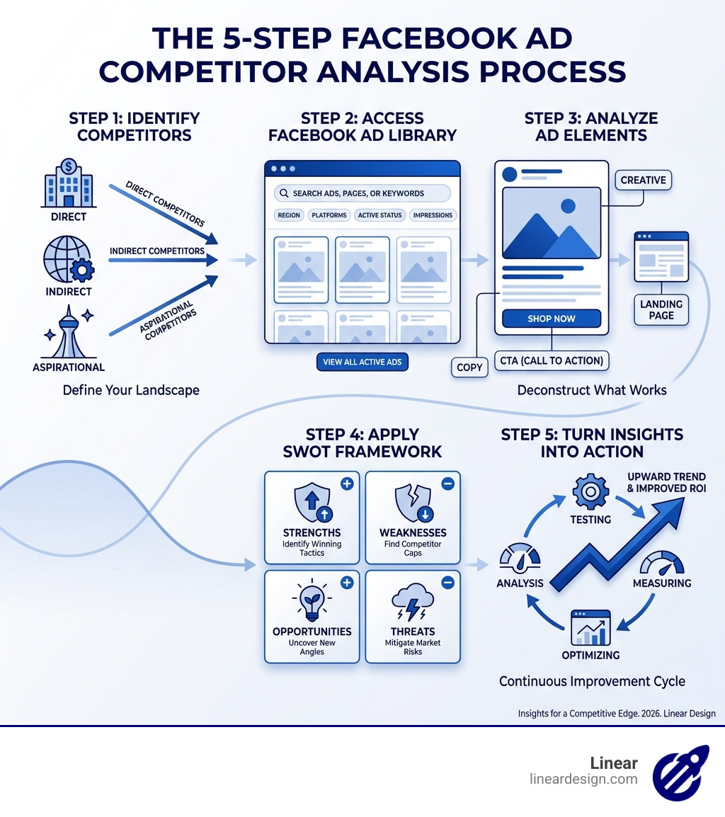 infographic showing the 5-step facebook ad competitor analysis process: Step 1 shows icons of three competing businesses with arrows pointing to them labeled direct, indirect, and aspirational competitors. Step 2 displays the Facebook Ad Library interface with a search bar and filter options. Step 3 illustrates ad elements with callouts to creative, copy, CTA, and landing page. Step 4 presents a SWOT grid with four quadrants labeled strengths, weaknesses, opportunities, and threats. Step 5 shows a cycle of testing, measuring, and optimizing with upward trending arrow - facebook ad competitor analysis infographic 