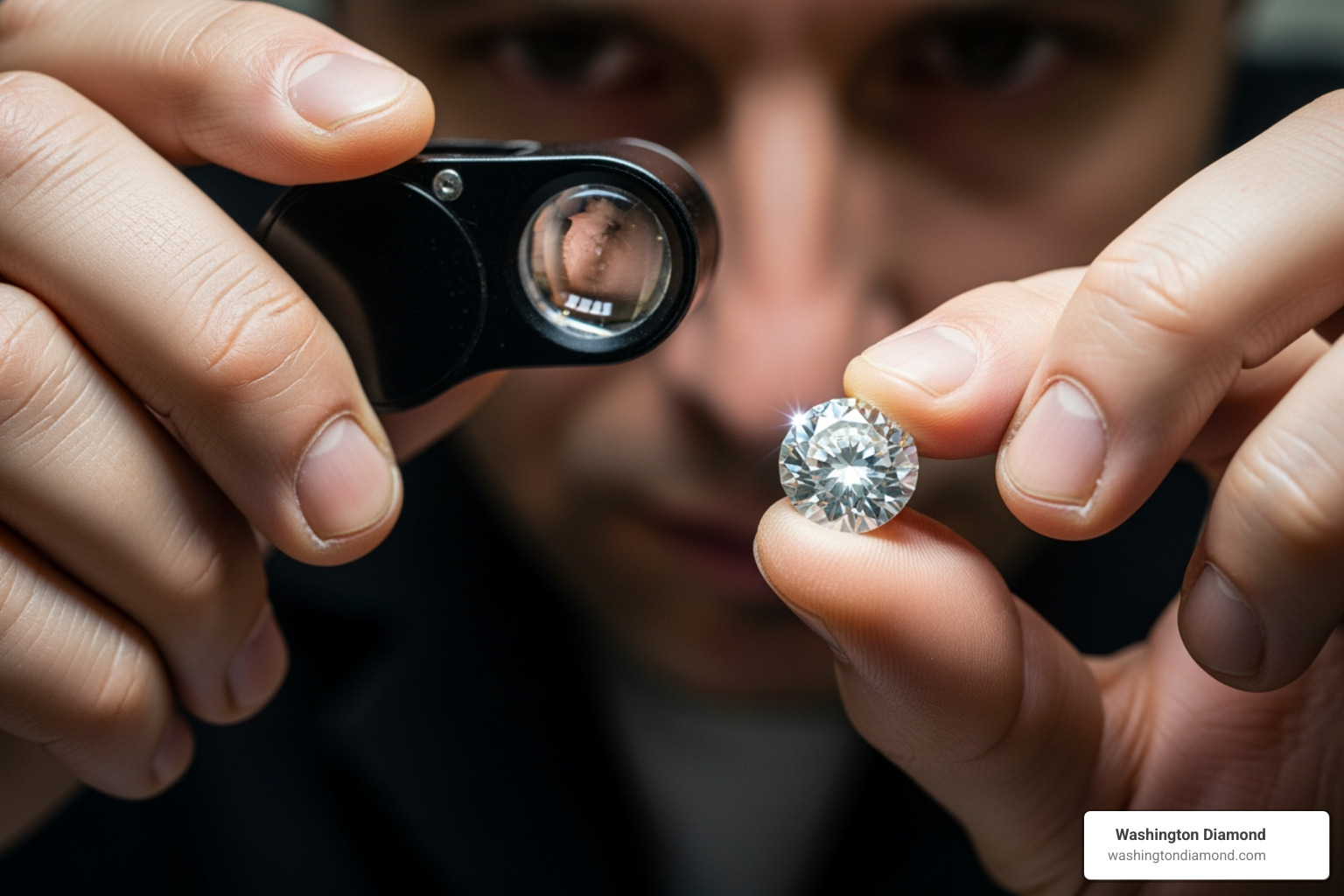 jeweler's hands holding a loose diamond with a loupe - Engagement rings Loudoun County