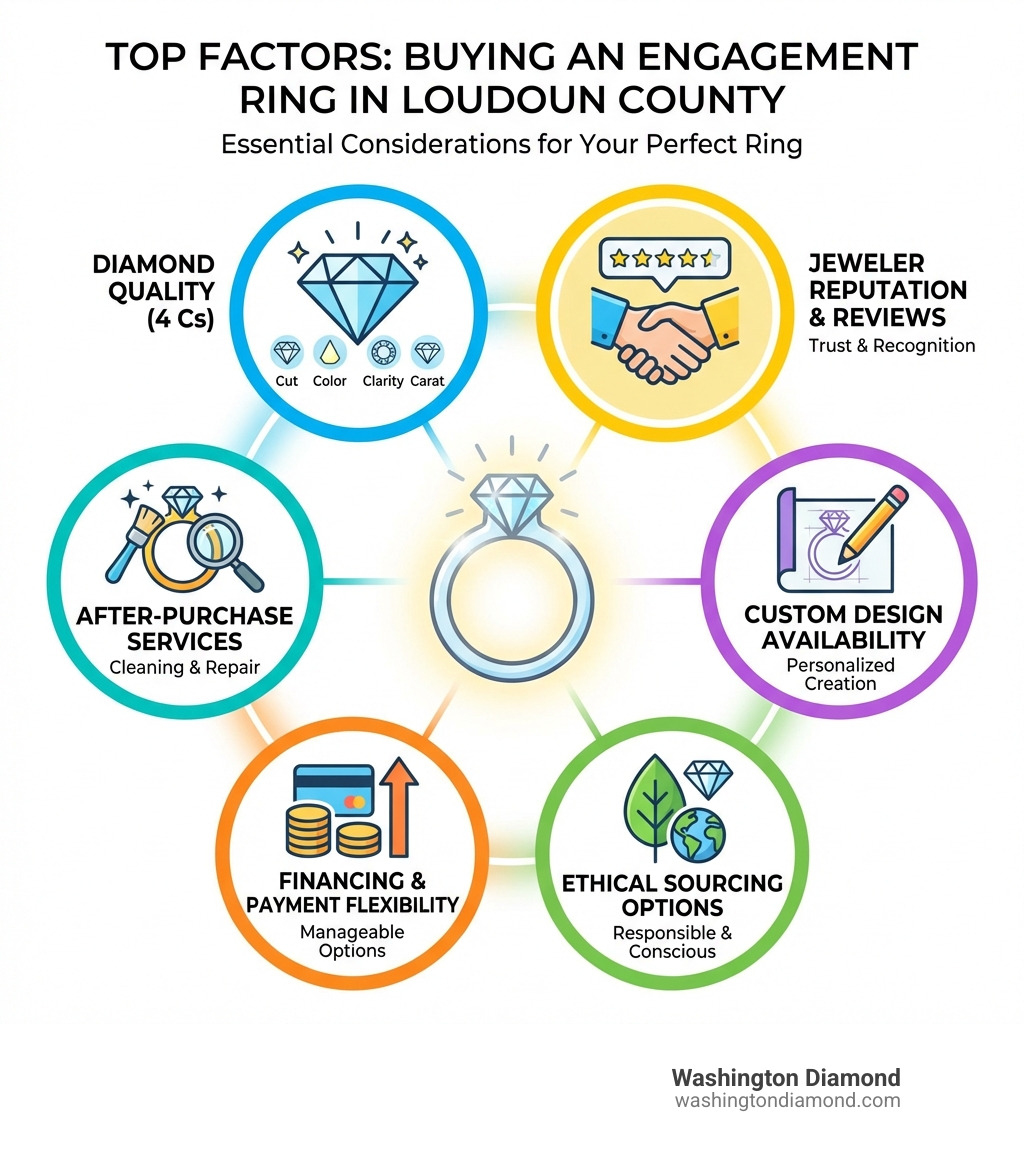 infographic showing the top factors to consider when buying an engagement ring in Loudoun County: diamond quality (4 Cs), jeweler reputation and reviews, custom design availability, ethical sourcing options, financing and payment flexibility, and after-purchase services like cleaning and repair - Engagement rings Loudoun County infographic 