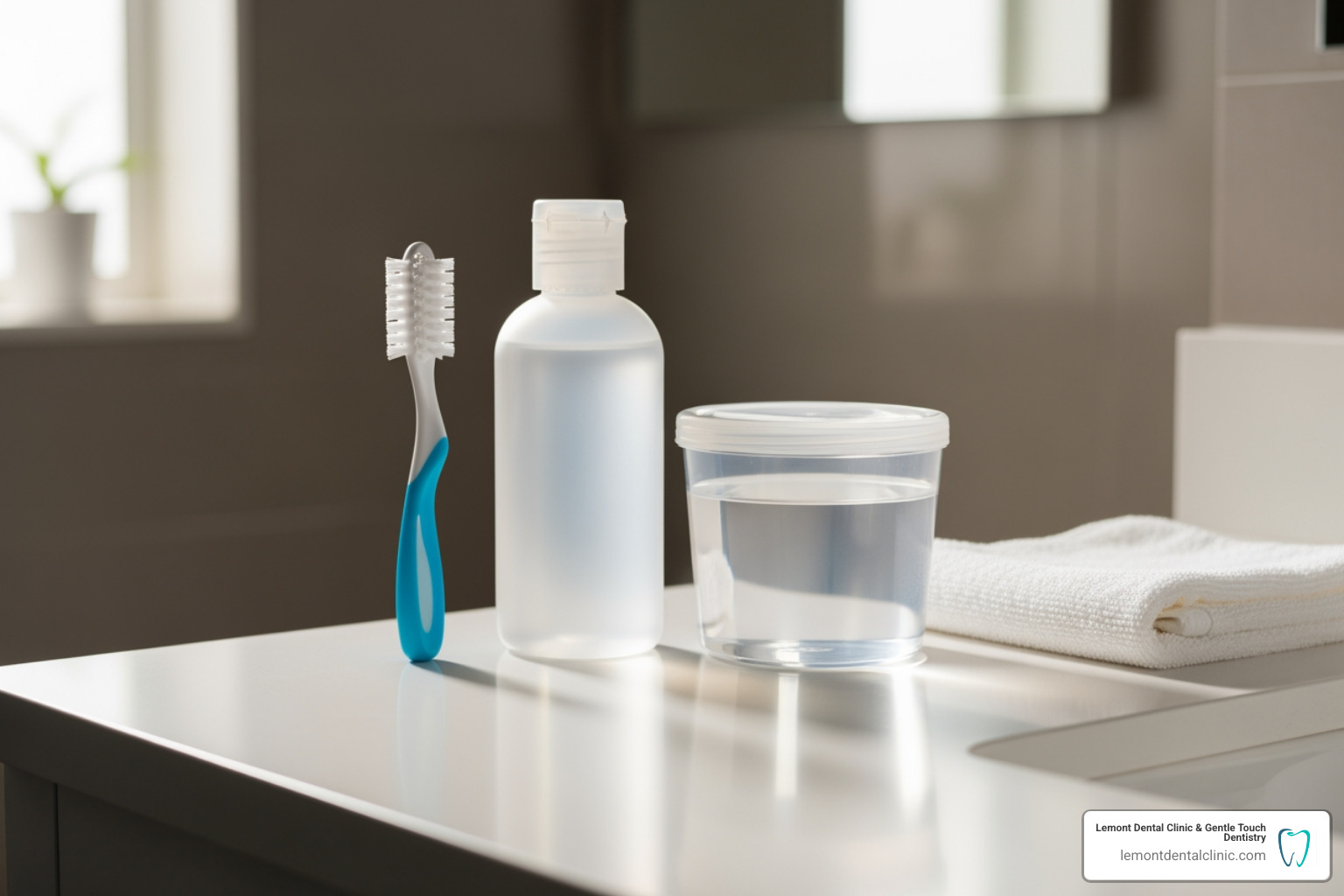 Image of denture cleaning tools including a soft-bristled brush, denture cleanser, and a soaking container - What are overdentures