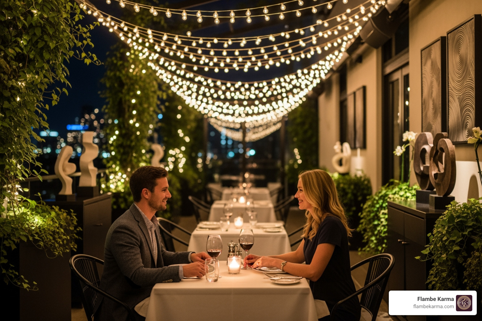 A couple dining on Flambe Karma’s patio with artistic lighting and décor - best date night spots near me