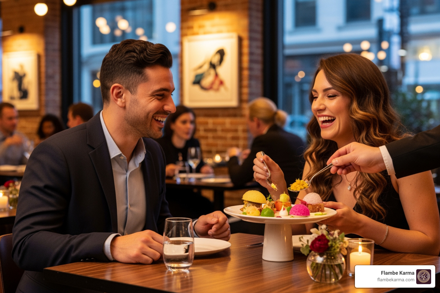 A happy couple laughing while sharing a creative appetizer at Flambe Karma - best date night spots near me
