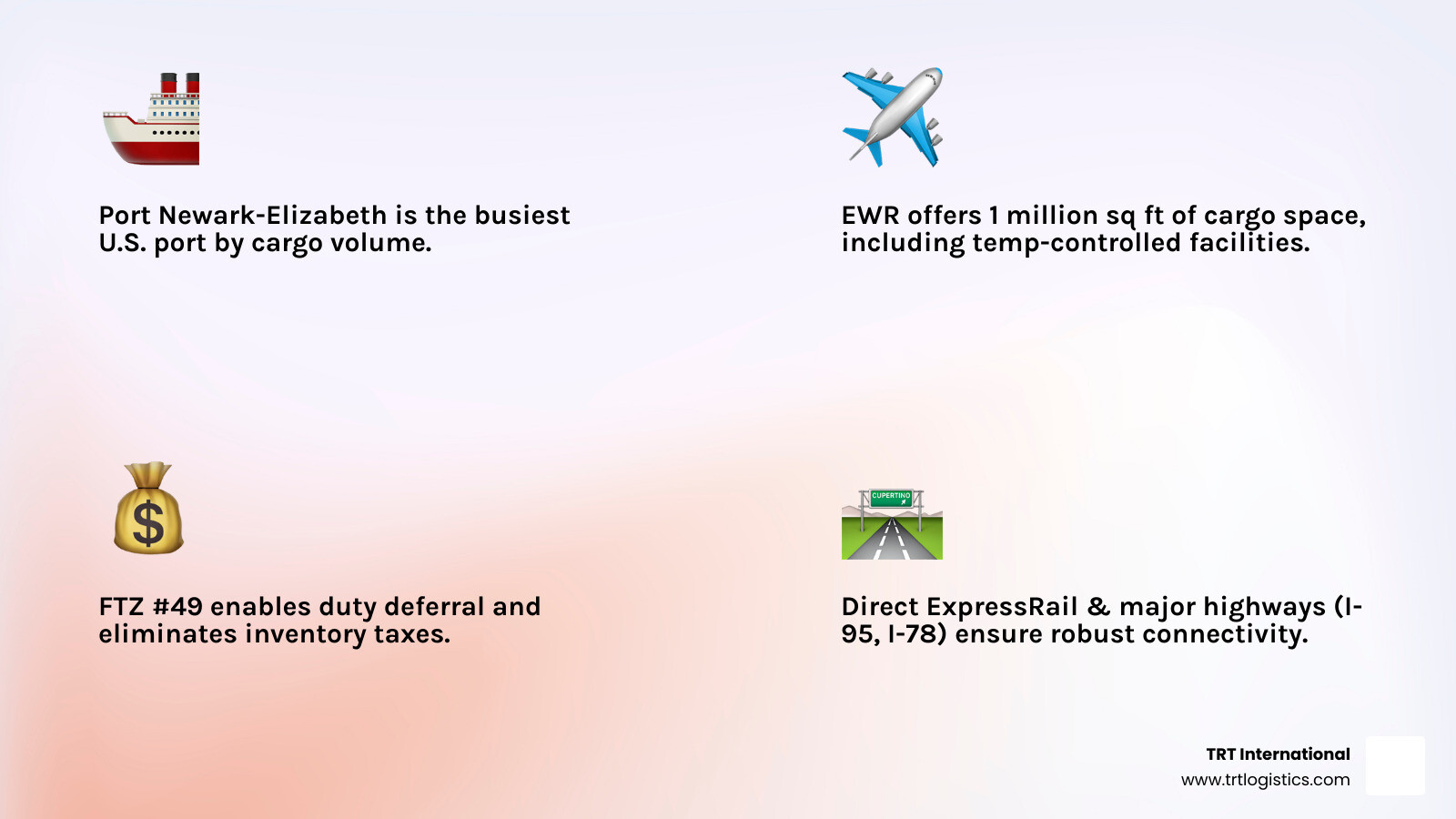 Newark NJ Freight Forwarding Infrastructure Overview - showing Port Newark-Elizabeth as the busiest US port with direct access to ExpressRail's 10,000 ft of operational track, Newark Liberty International Airport's 1 million sq ft cargo space including temperature-controlled facilities, Foreign Trade Zone #49 benefits for duty deferral, and major highway connections via I-95, I-78, and I-280 serving the entire Northeast corridor - freight forwarding newark nj infographic 4_facts_emoji_light-gradient