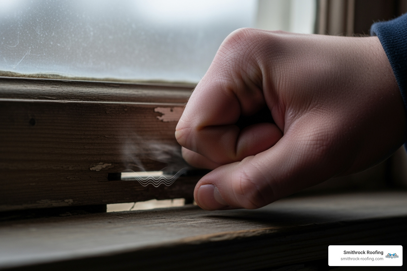 A hand feeling a cold draft coming from the edge of a window sash - insulate drafty windows
